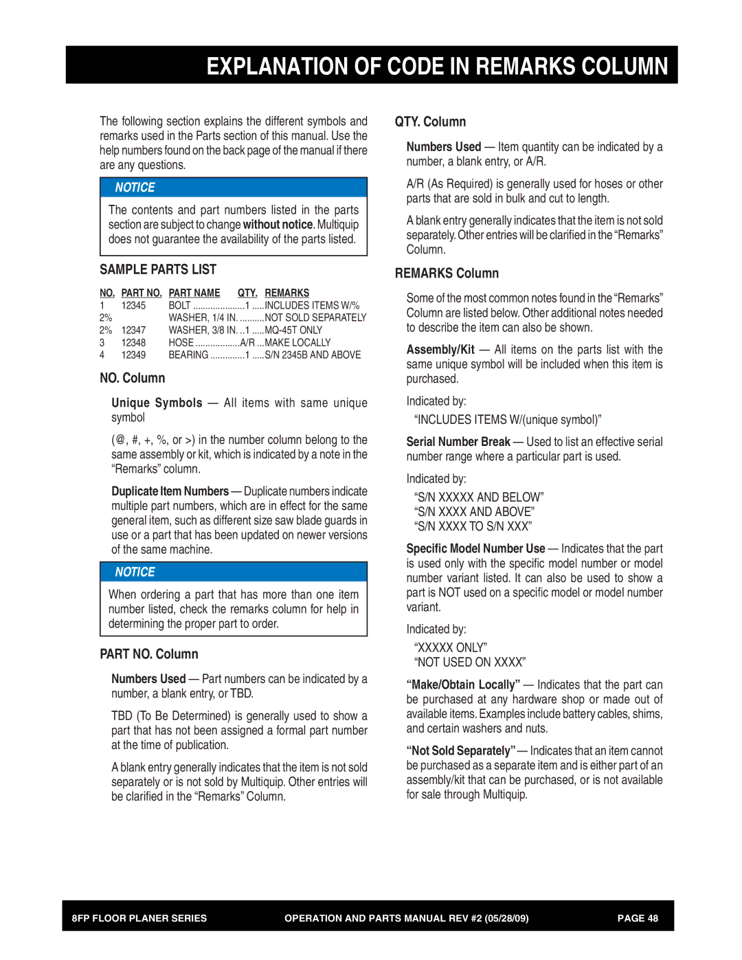 Multiquip 8FP Series manual Explanation of Code in Remarks Column 