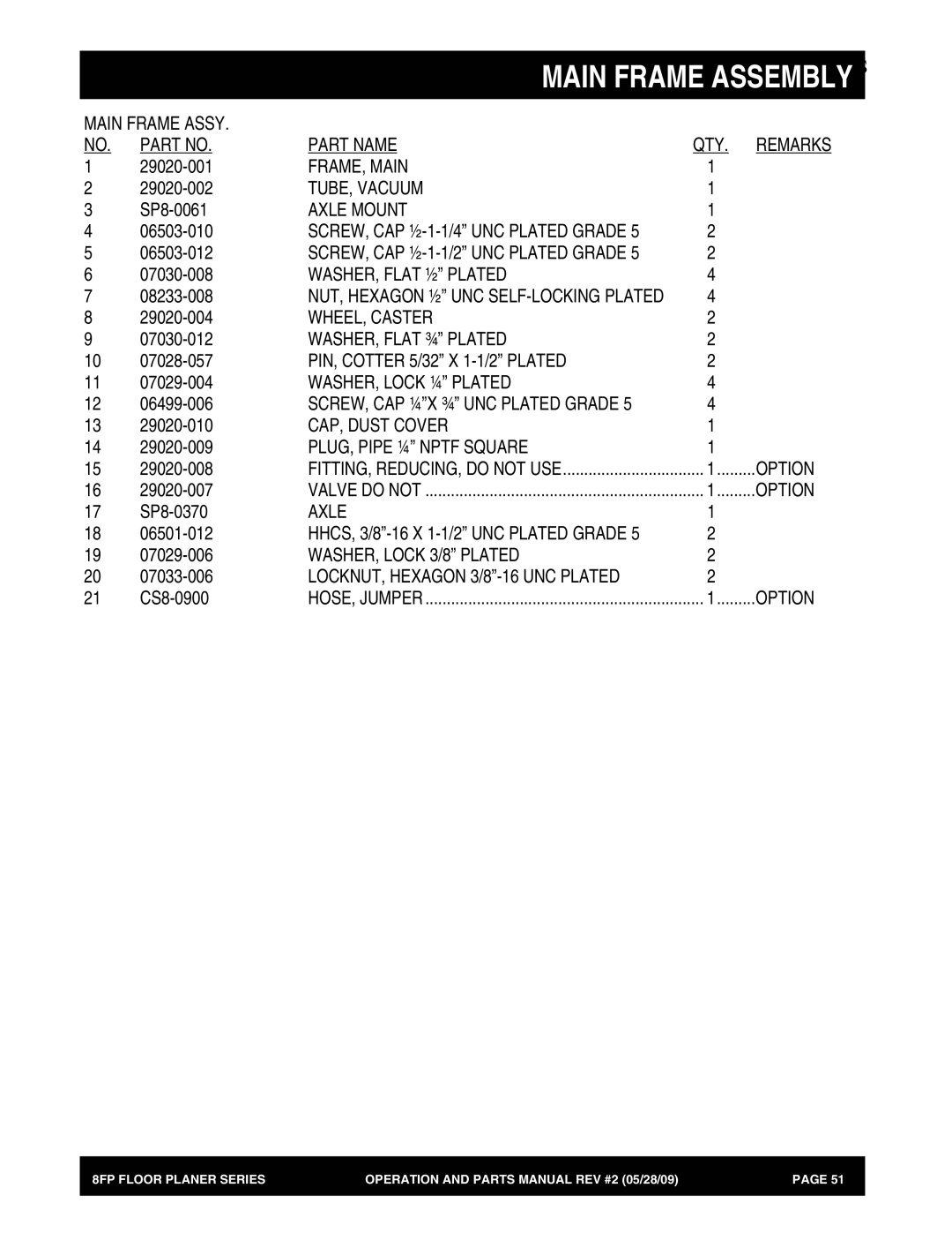 Multiquip 8FP Series Main Frame Assy Part Name QTY, FRAME, Main, TUBE, Vacuum, Axle Mount, WASHER, Flat ½ Plated, Option 