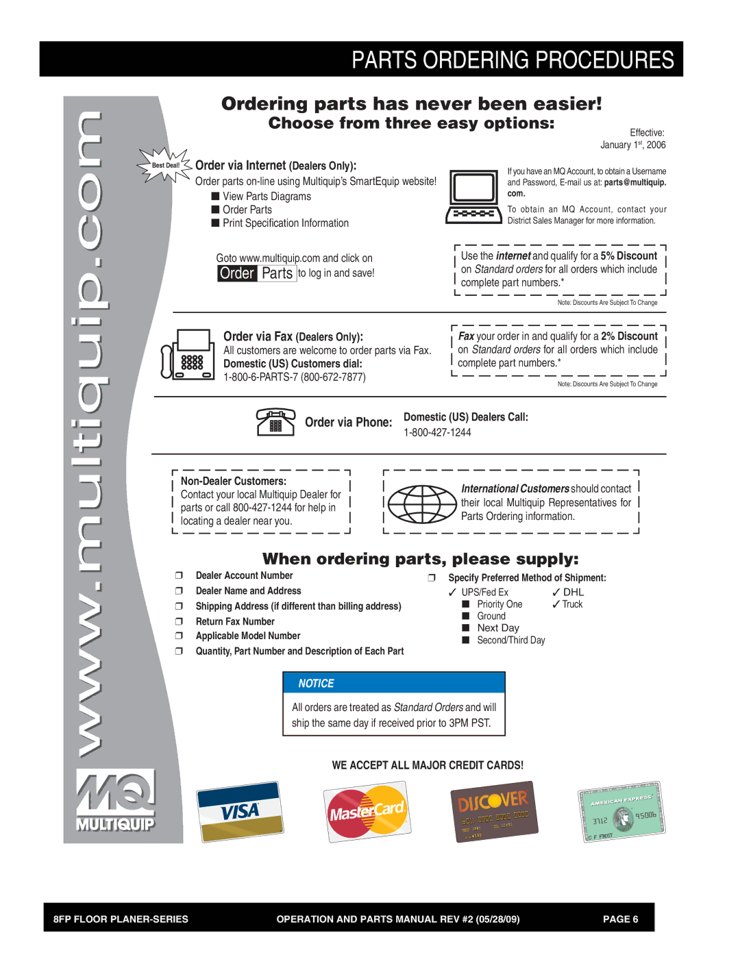 Multiquip 8FP Series manual Parts Ordering Procedures 