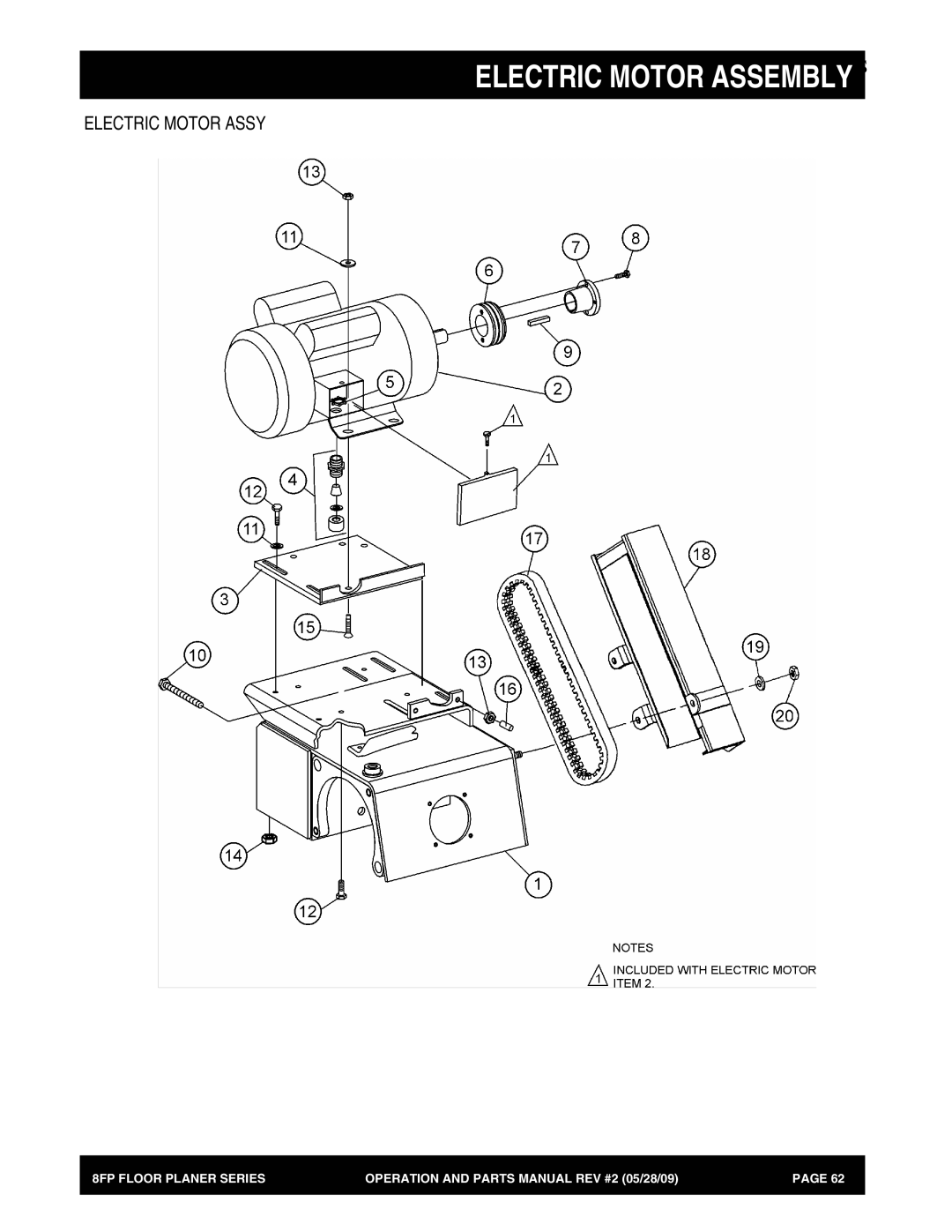 Multiquip 8FP Series manual Electric Motor Assembly, Electric Motor Assy 