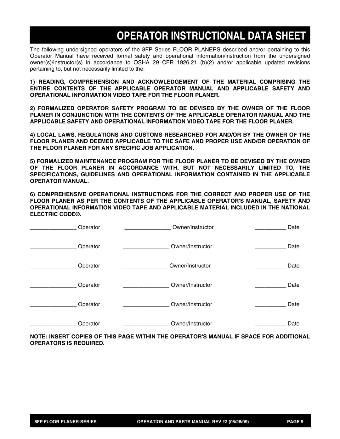 Multiquip 8FP Series manual Operator Instructional Data Sheet 