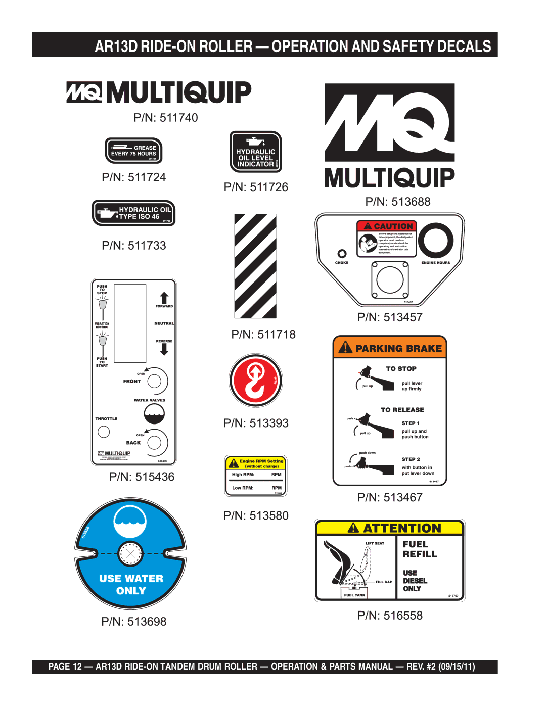 Multiquip manual AR13D RIDE-ON Roller Operation and Safety Decals 