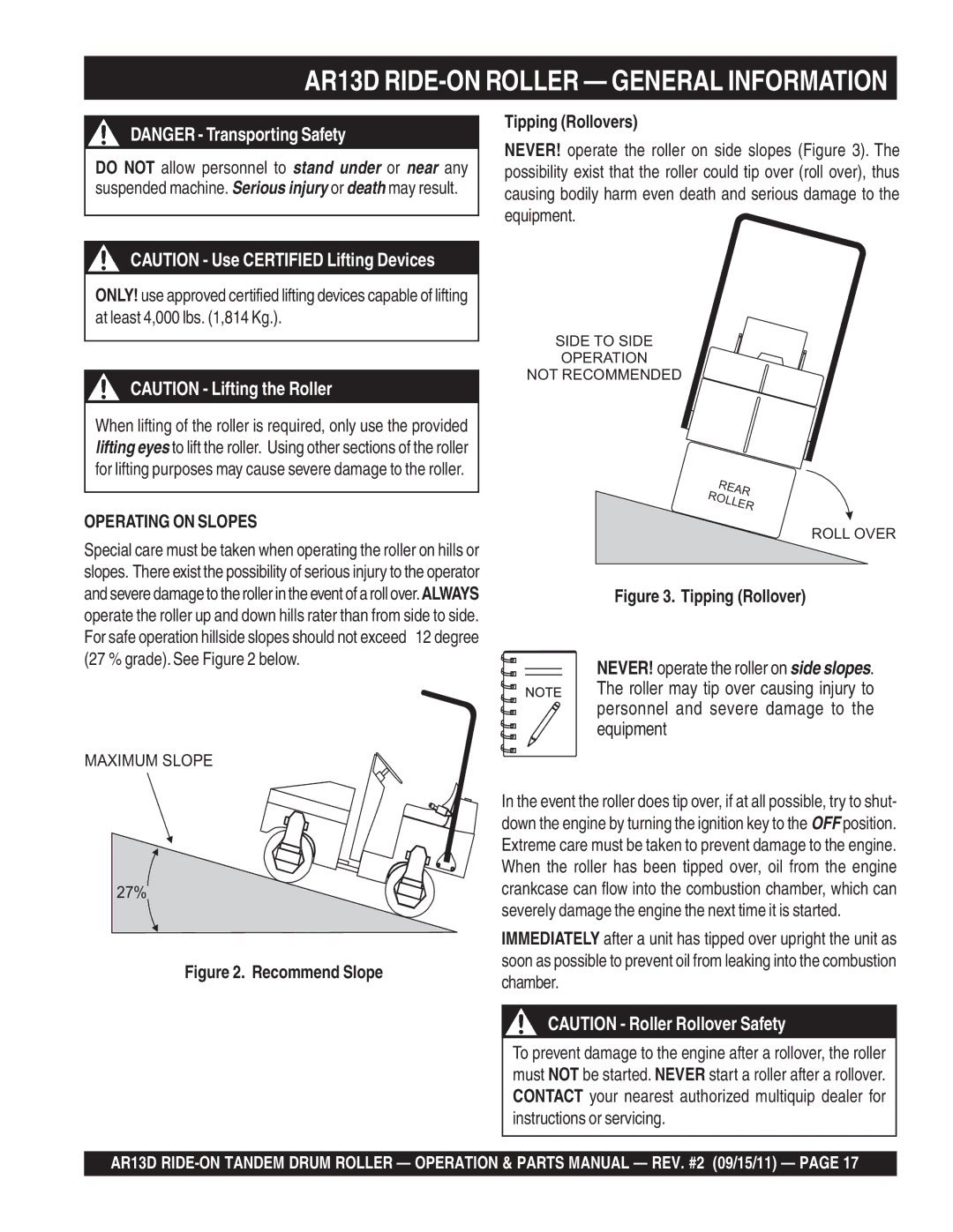 Multiquip manual AR13D RIDE-ON Roller General Information, Tipping Rollovers 