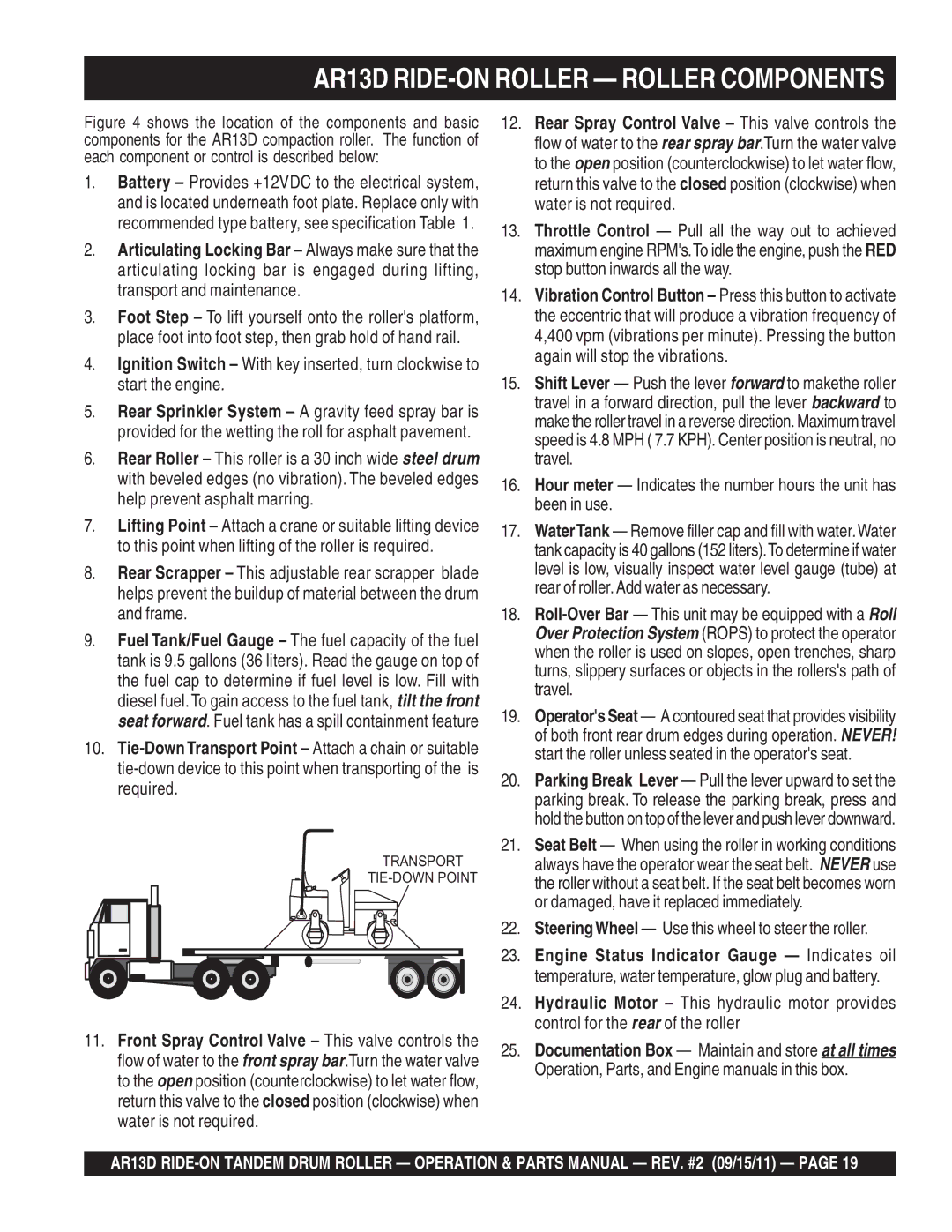 Multiquip manual AR13D RIDE-ON Roller Roller Components, SteeringWheel Use this wheel to steer the roller 