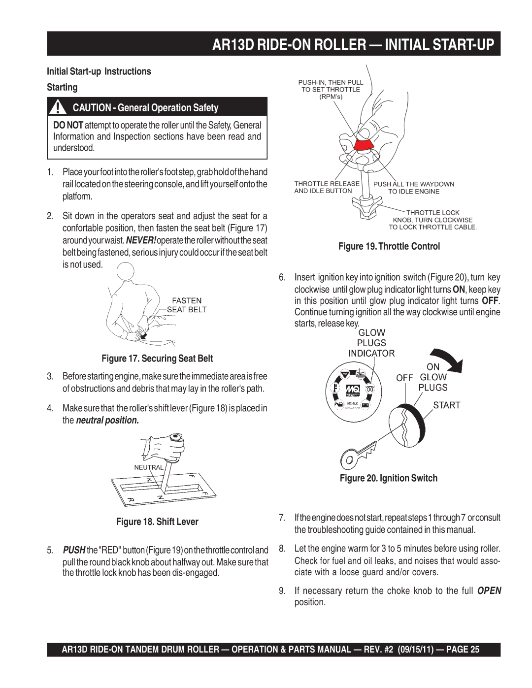 Multiquip manual AR13D RIDE-ON Roller Initial START-UP, Initial Start-up Instructions Starting 