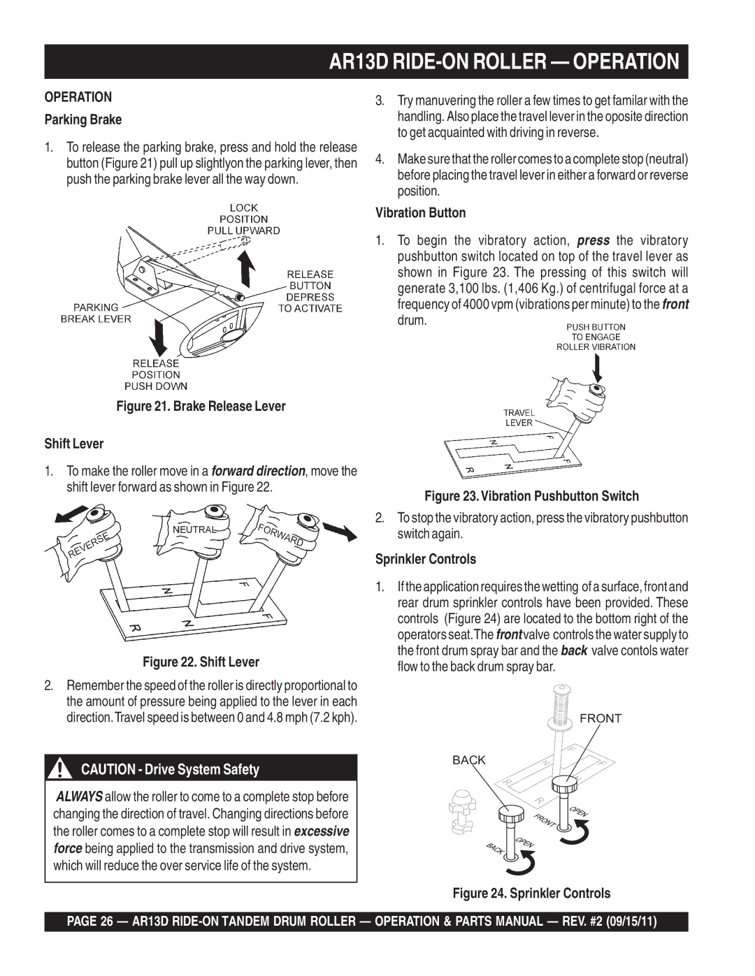 Multiquip AR13D manual Parking Brake, Vibration Button, Sprinkler Controls 