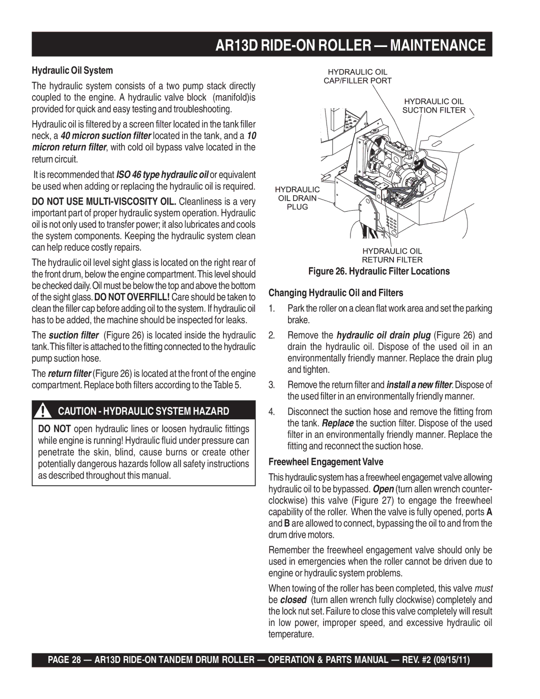 Multiquip AR13D manual Hydraulic Oil System, Freewheel Engagement Valve 