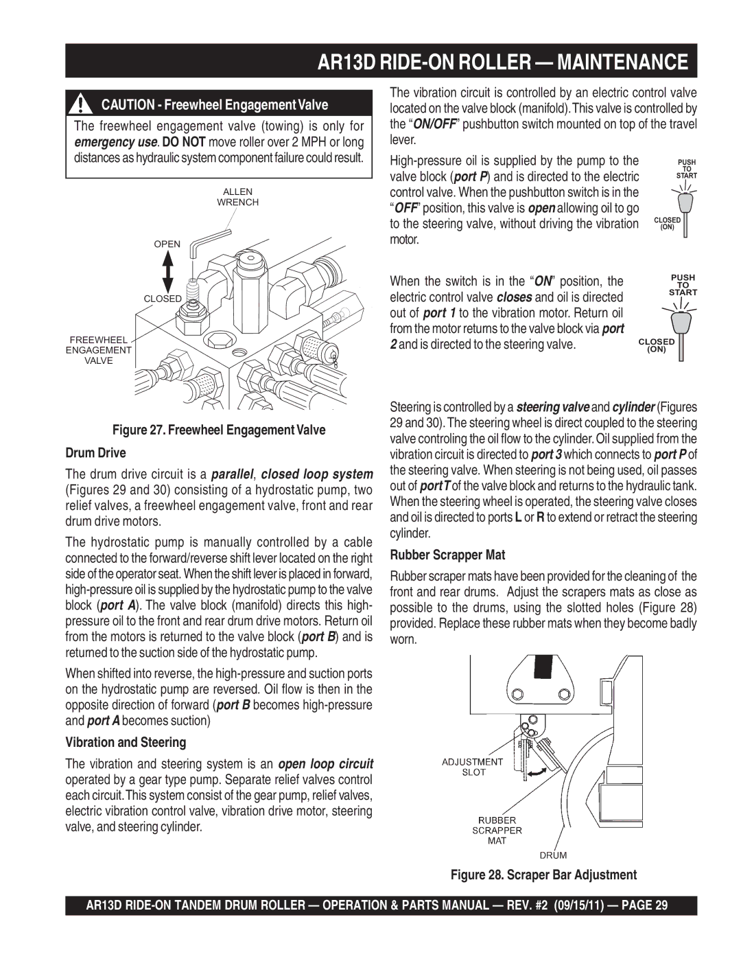 Multiquip manual AR13D RIDE-ON Roller Maintenance, Is directed to the steering valve, Vibration and Steering 