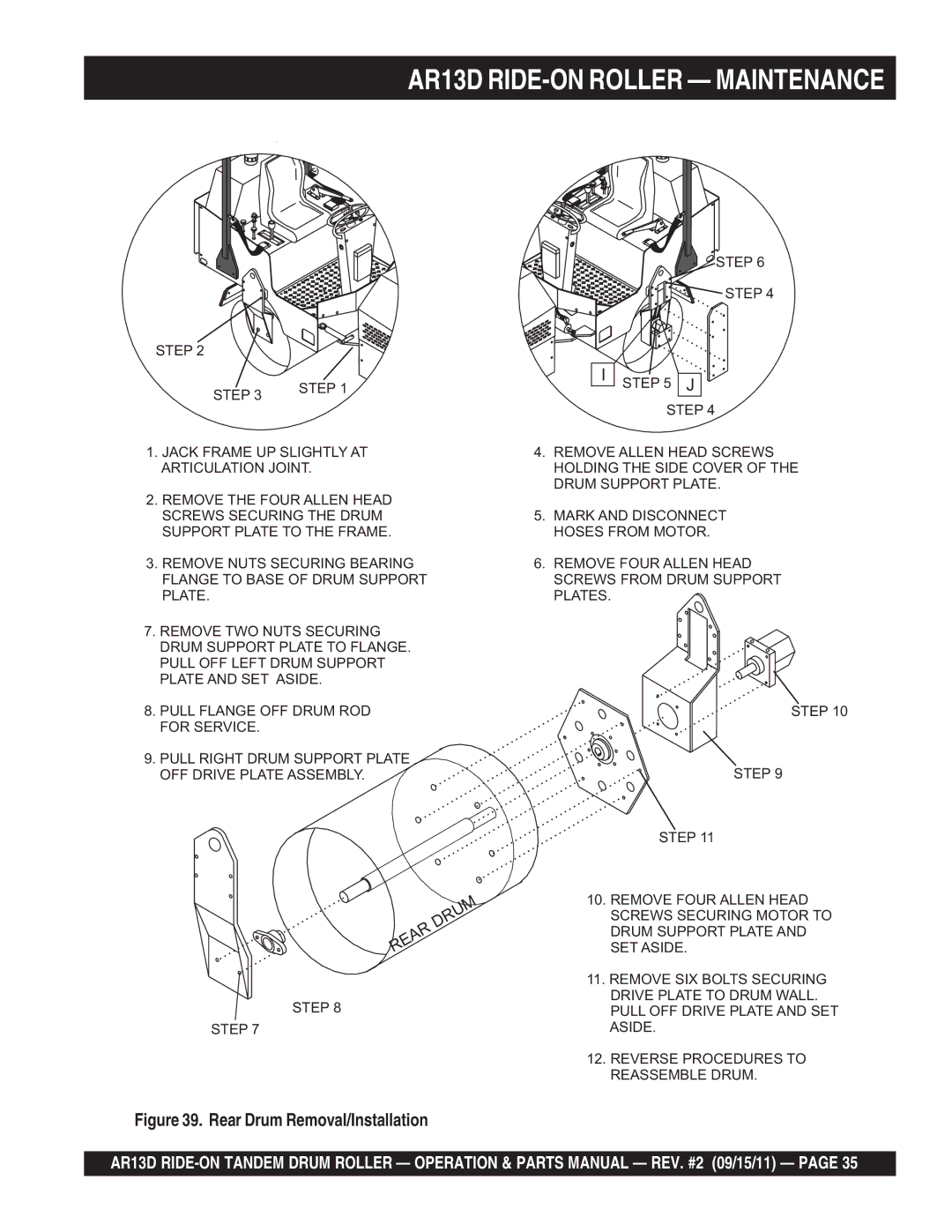 Multiquip AR13D manual Rear Drum Removal/Installation 