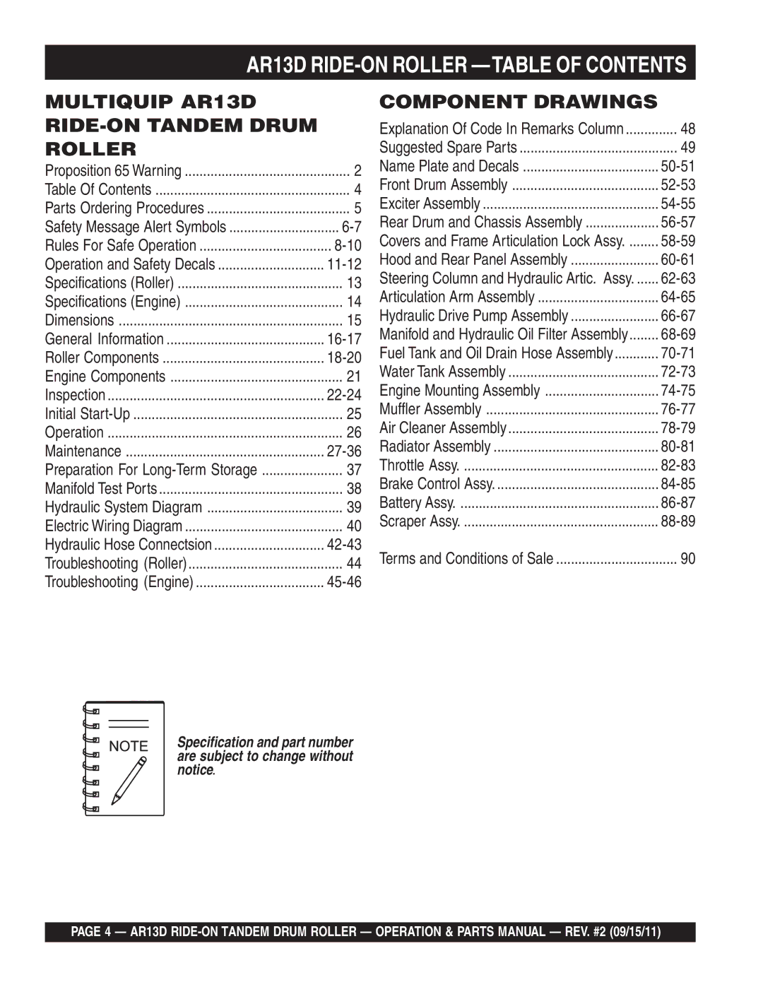 Multiquip manual AR13D RIDE-ON Roller -TABLE of Contents 