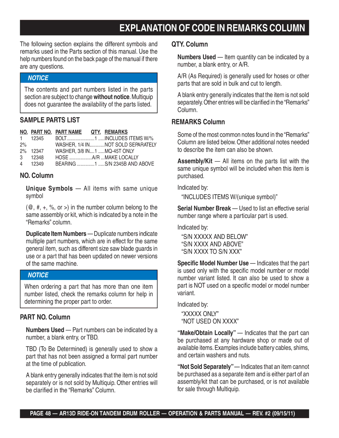 Multiquip AR13D manual Explanation of Code in Remarks Column, Xxxxx only Not Used on 