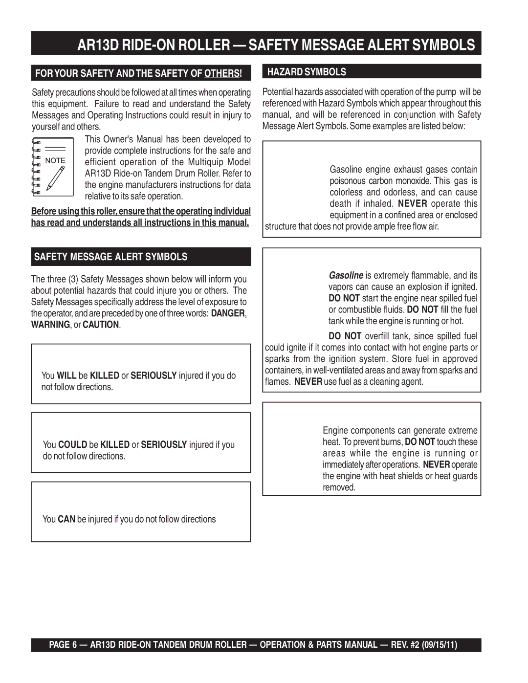 Multiquip manual AR13D RIDE-ON Roller Safety Message Alert Symbols, Structure that does not provide ample free flow air 