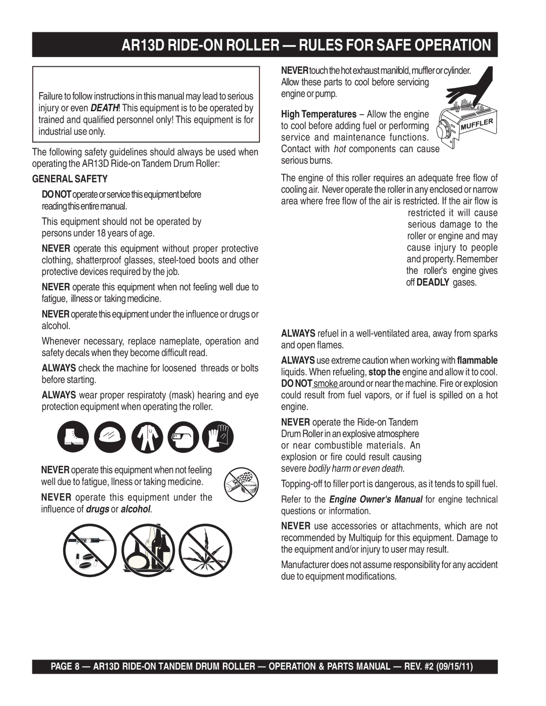 Multiquip manual AR13D RIDE-ON Roller Rules for Safe Operation, Engine or pump 