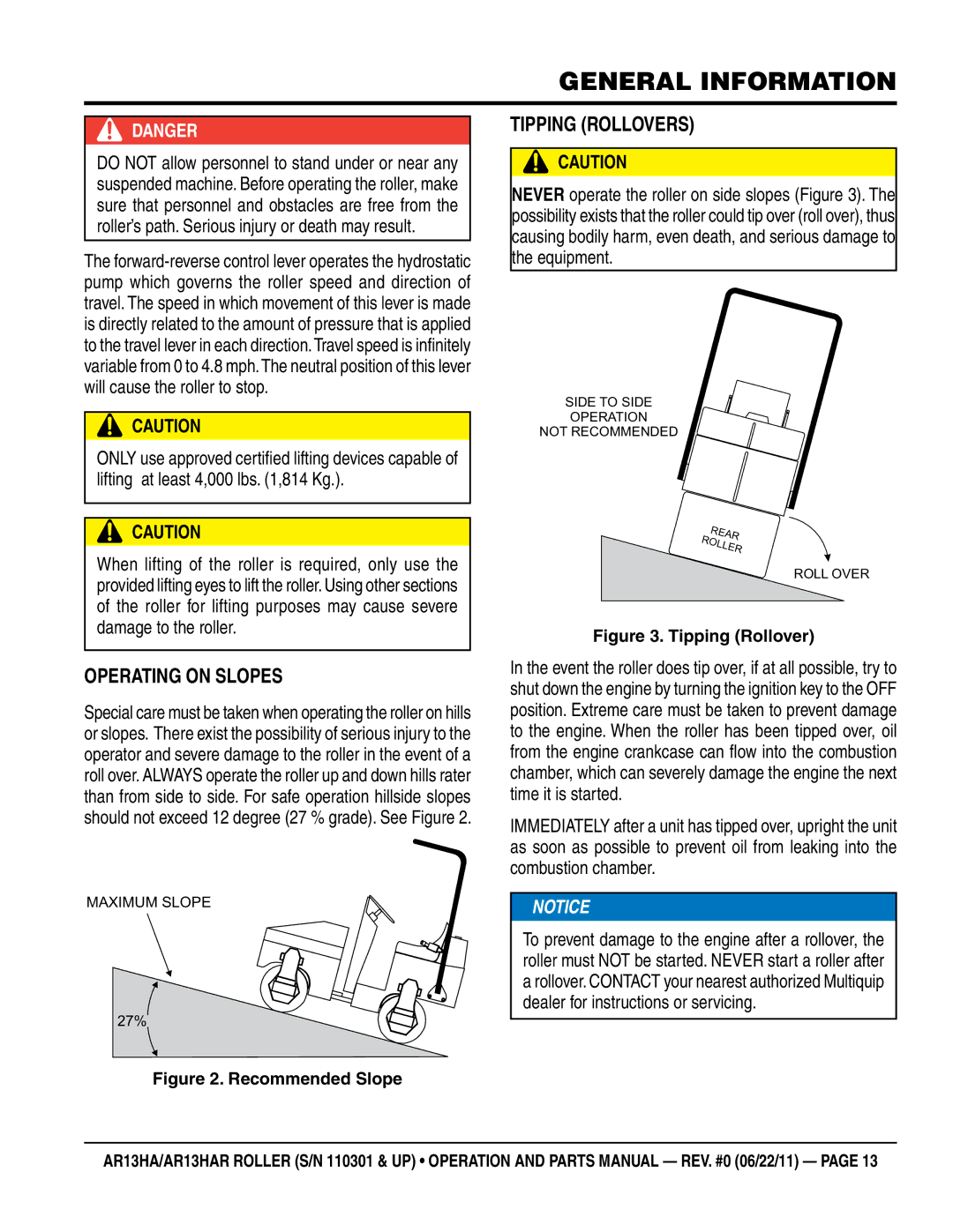 Multiquip AR13HAR manual Operating on Slopes, Tipping Rollovers 