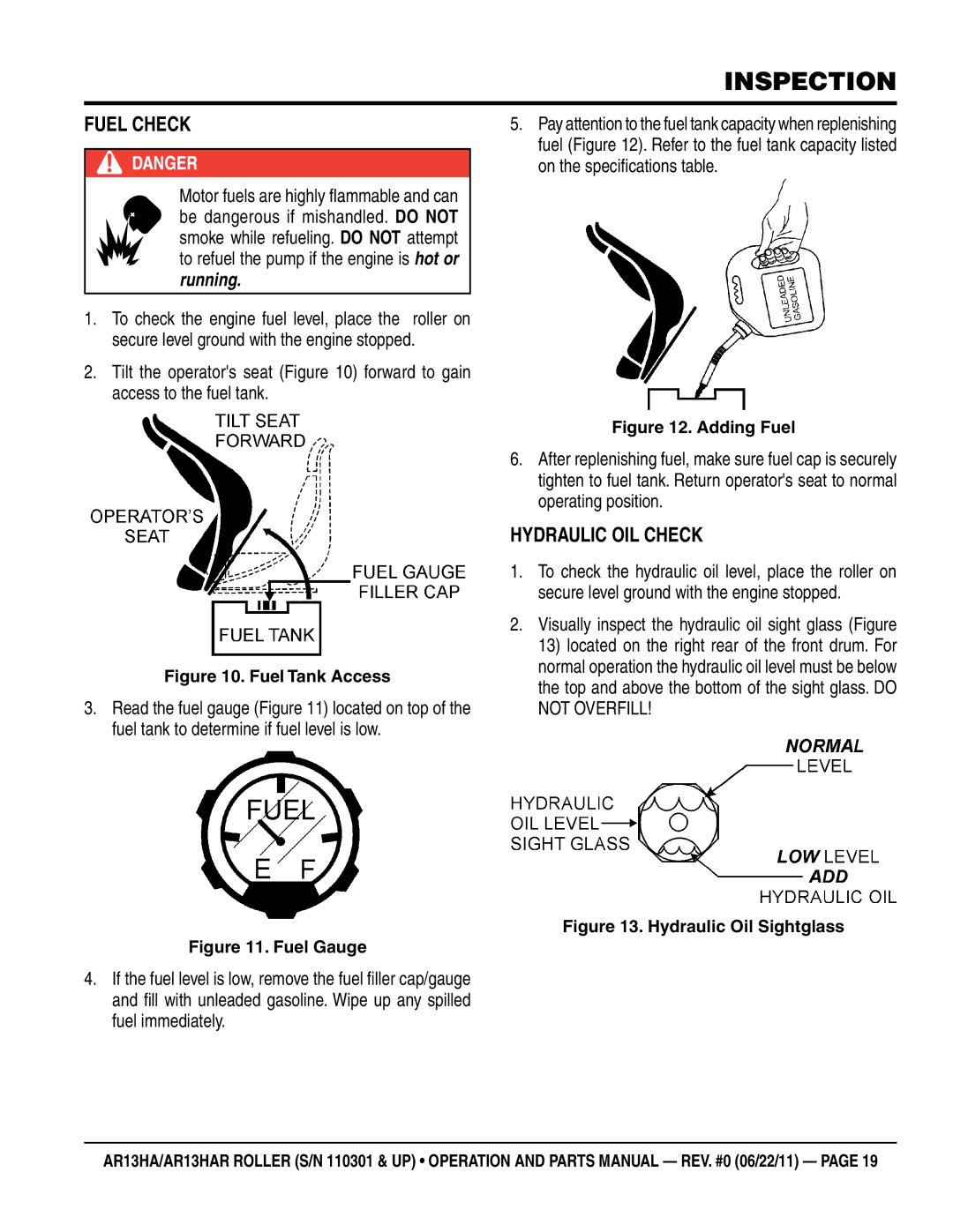 Multiquip AR13HAR manual Fuel check, Hydraulic Oil Check 