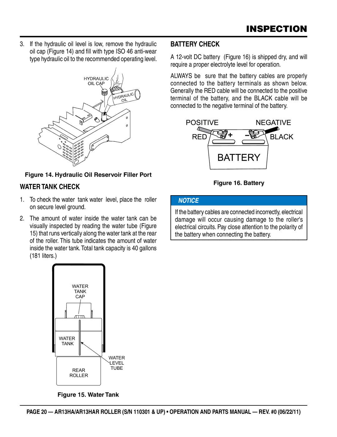 Multiquip AR13HAR manual Battery Check, Water Tank Check 