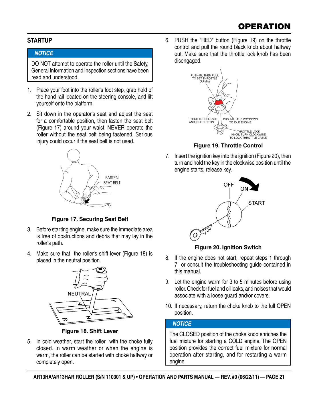 Multiquip AR13HAR manual Operation, Startup 