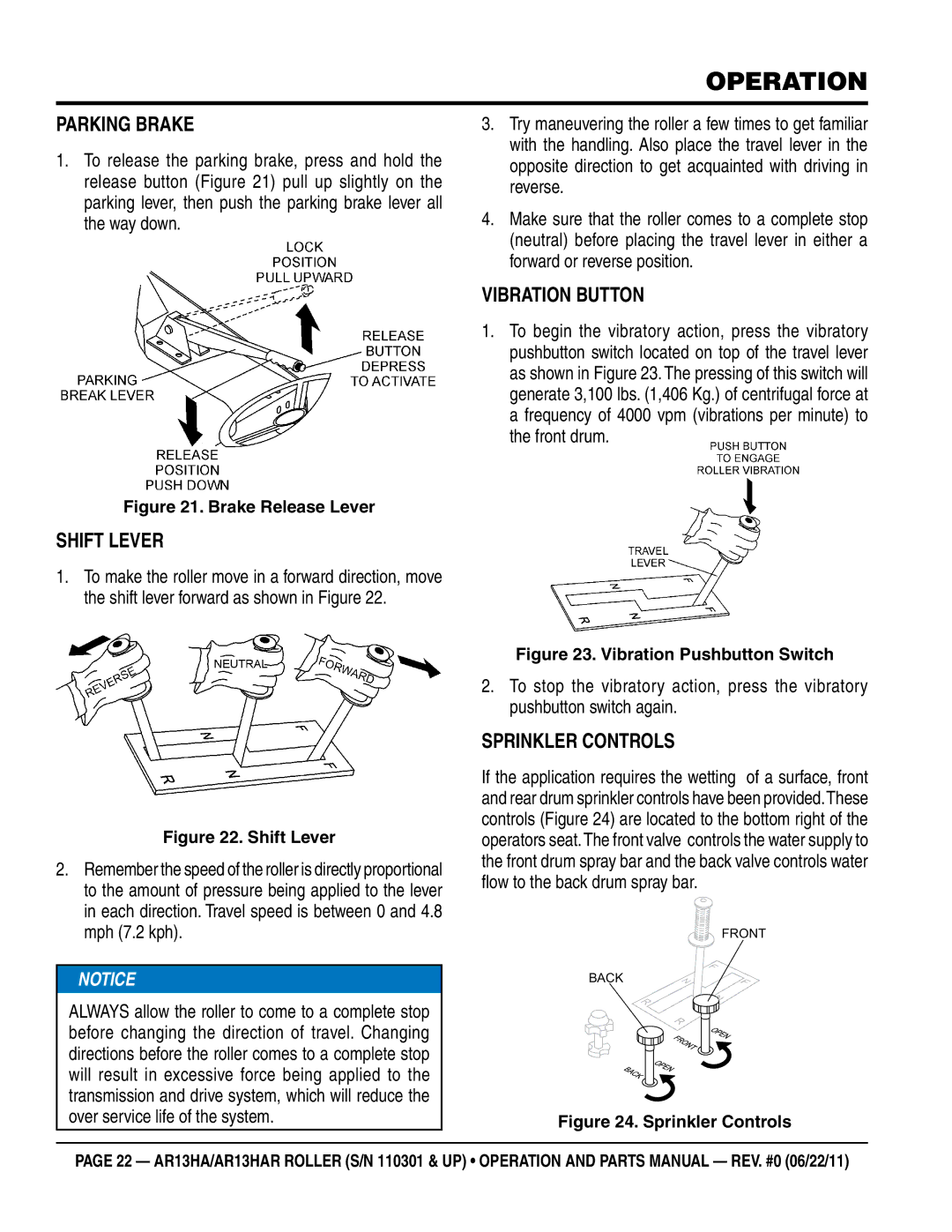 Multiquip AR13HAR manual Shift Lever, Vibration Button, Sprinkler Controls 