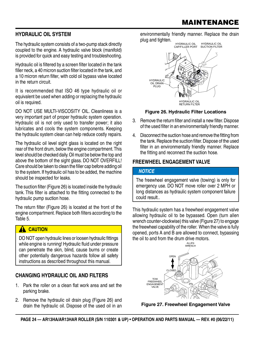 Multiquip AR13HAR manual Hydraulic Oil System, Changing Hydraulic Oil and Filters, Freewheel Engagement Valve 