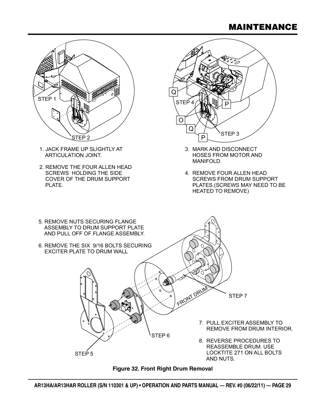 Multiquip AR13HAR manual Front Right Drum Removal 