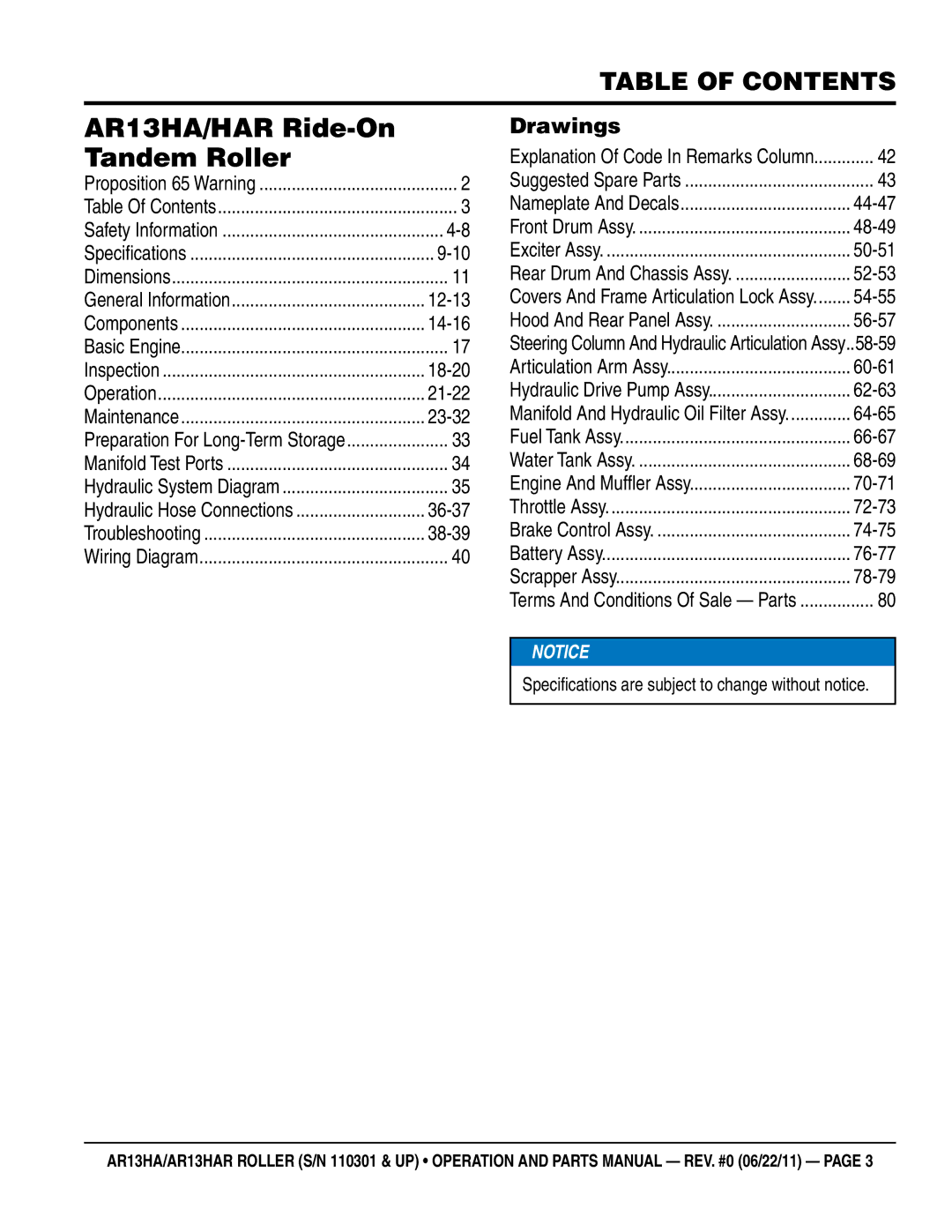 Multiquip AR13HAR manual Table of Contents, Specifications are subject to change without notice 