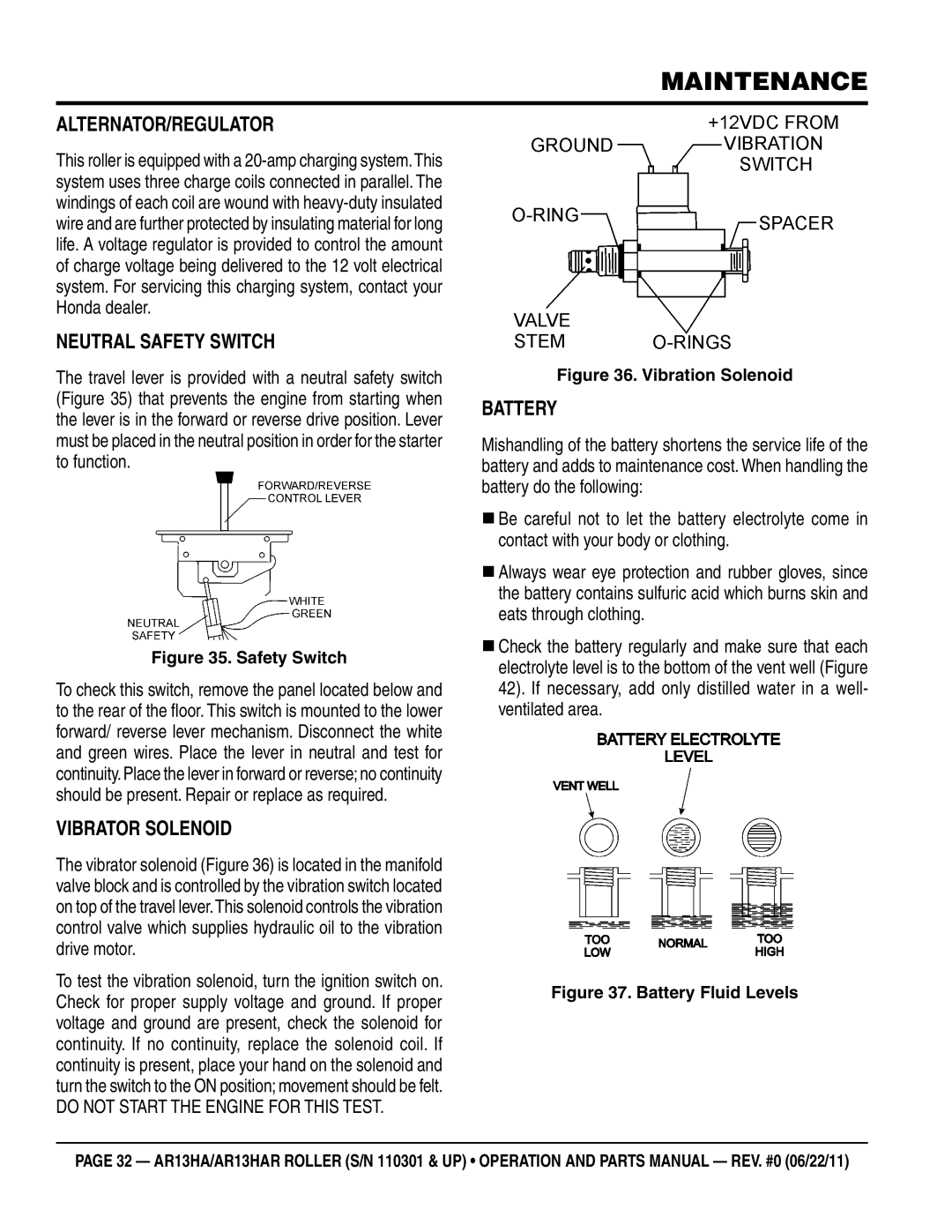 Multiquip AR13HAR manual Alternator/Regulator, Neutral Safety Switch, Vibrator Solenoid, Battery 