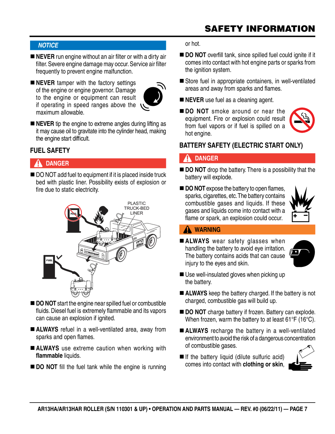 Multiquip AR13HAR FueL saFeTY, BaTTeRY saFeTY eLeCTRiC sTaRT OnLY, „ Use well-insulated gloves when picking up the battery 