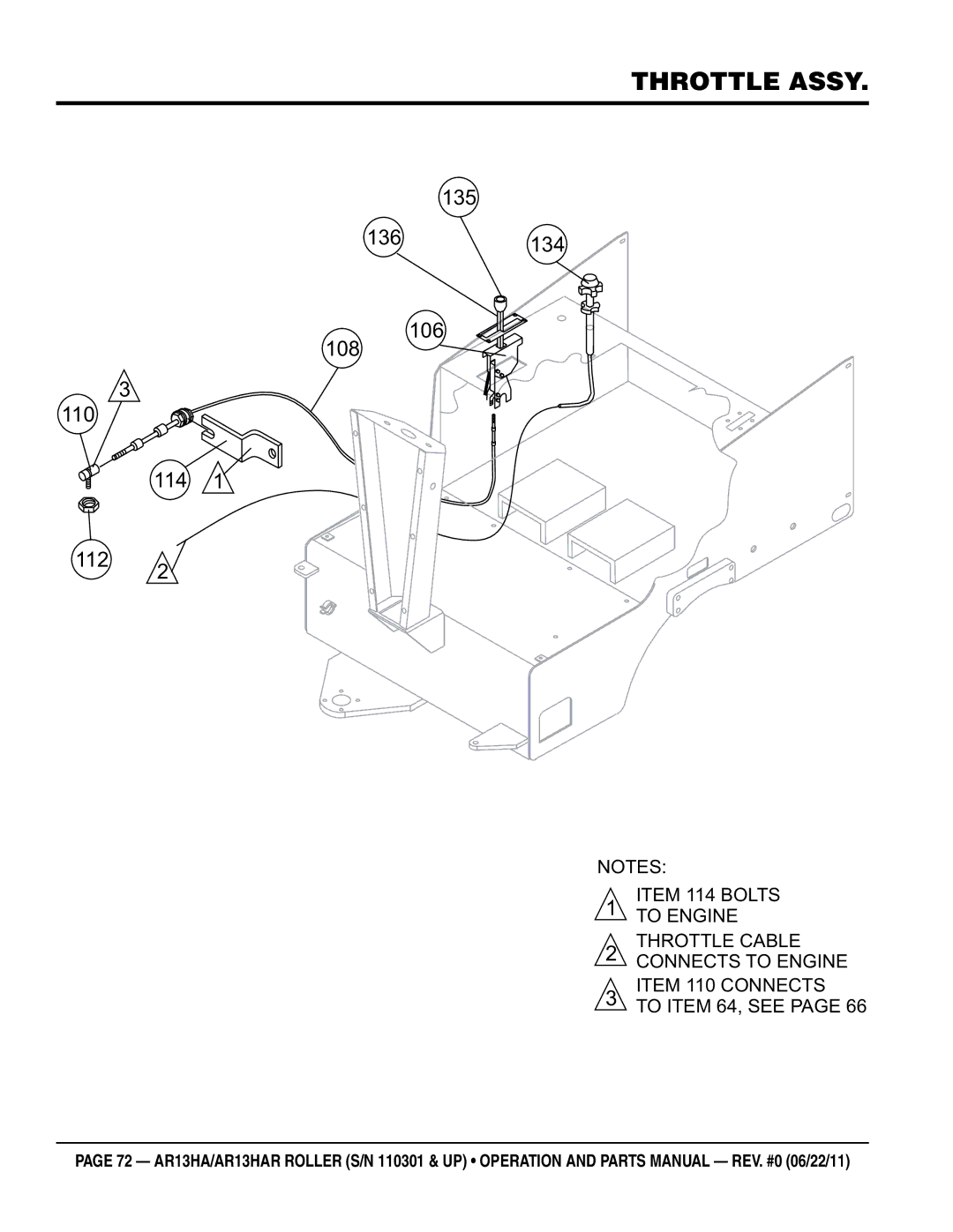 Multiquip AR13HAR manual Throttle assy, 135 136134 106 108 110 114 112 