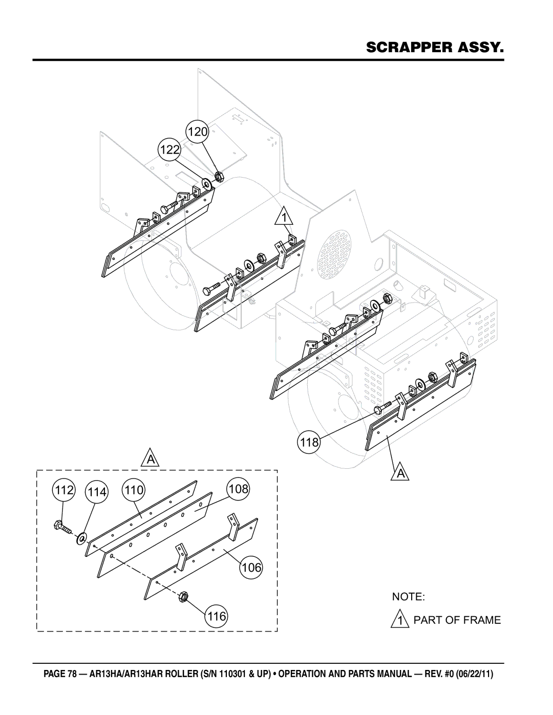 Multiquip AR13HAR manual Scrapper assy, 114 110 108 106 116 