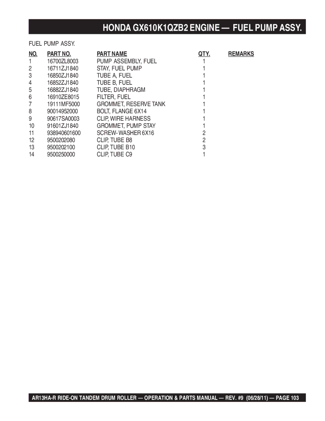 Multiquip AR13HAR manual Pump ASSEMBLY, Fuel, STAY, Fuel Pump, Tube A, Fuel, Tube B, Fuel, TUBE, Diaphragm, FILTER, Fuel 