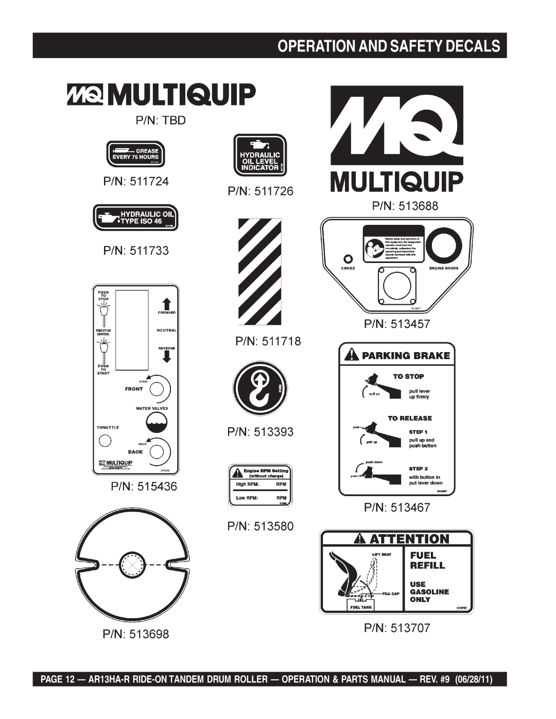 Multiquip AR13HAR manual Operation and Safety Decals 