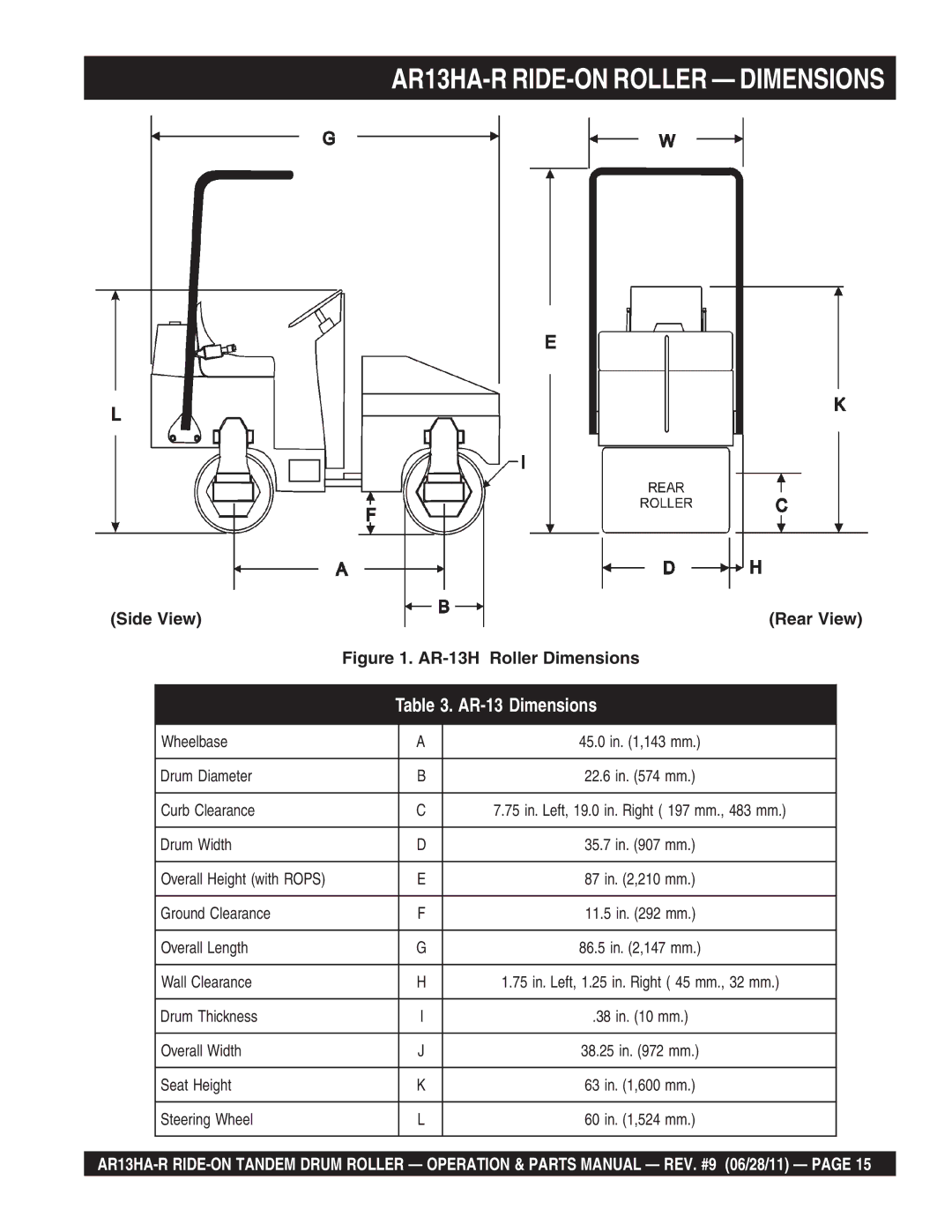 Multiquip AR13HAR manual AR13HA-R RIDE-ON Roller Dimensions, Side View 