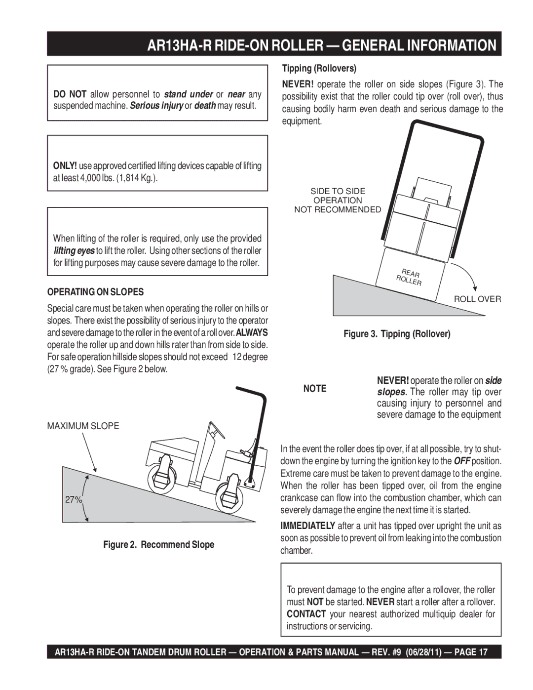 Multiquip AR13HAR manual AR13HA-R RIDE-ON Roller General Information, Recommend Slope Tipping Rollovers 