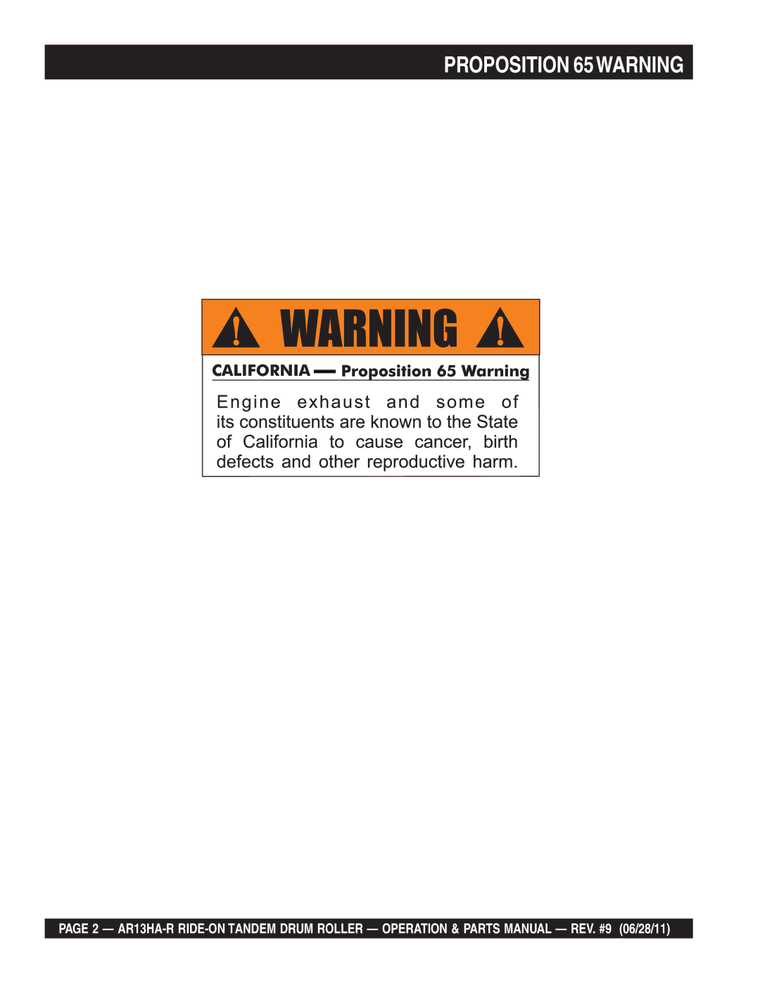 Multiquip AR13HAR manual Proposition 65WARNING 