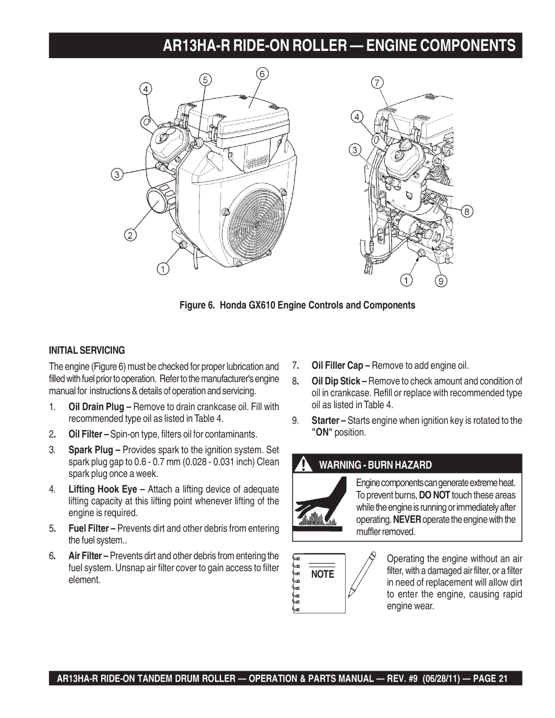 Multiquip AR13HAR manual AR13HA-R RIDE-ON Roller Engine Components, Honda GX610 Engine Controls and Components 