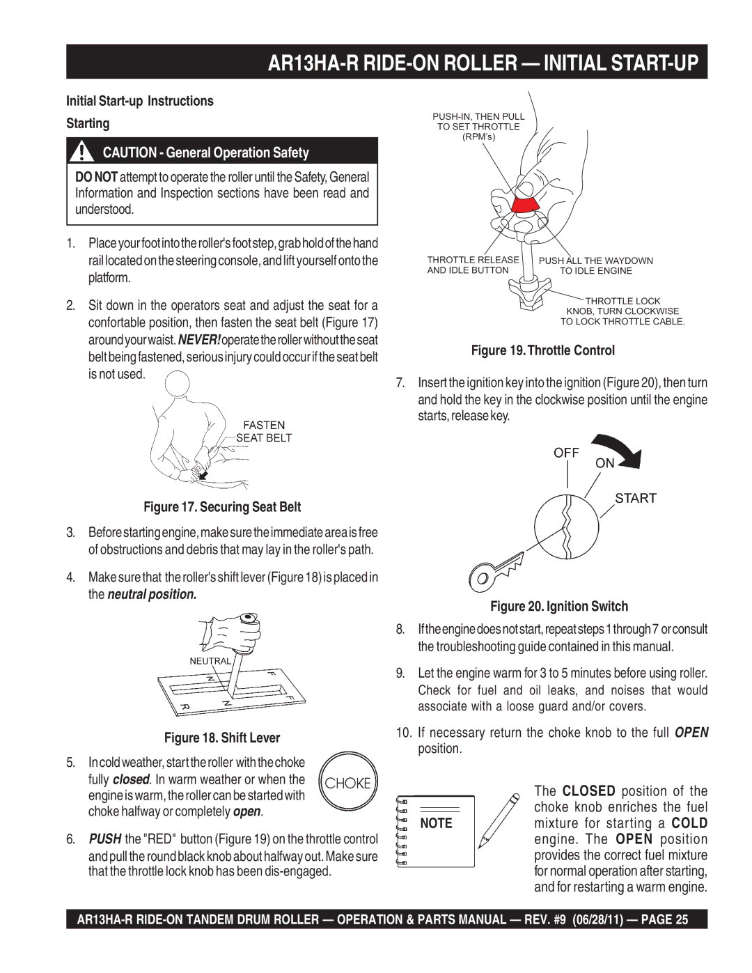 Multiquip AR13HAR manual AR13HA-R RIDE-ON Roller Initial START-UP, Initial Start-up Instructions Starting 