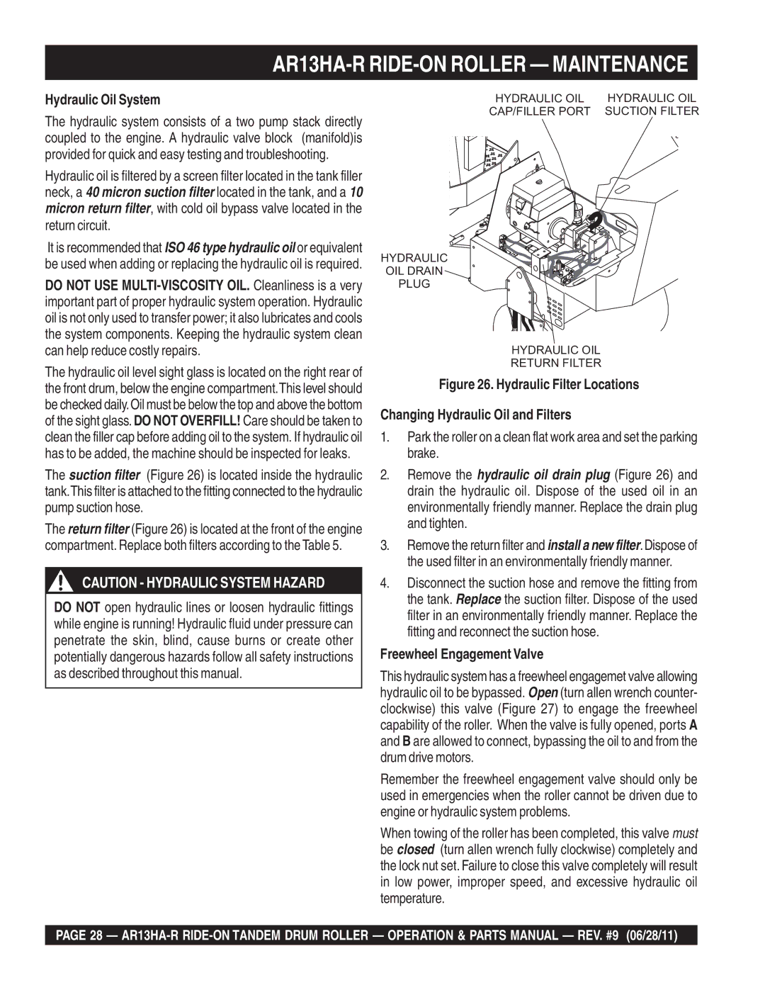 Multiquip AR13HAR manual Hydraulic Oil System, Freewheel Engagement Valve 