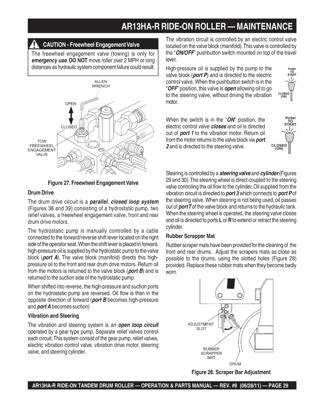 Multiquip AR13HAR manual Is directed to the steering valve, Vibration and Steering, Rubber Scrapper Mat 