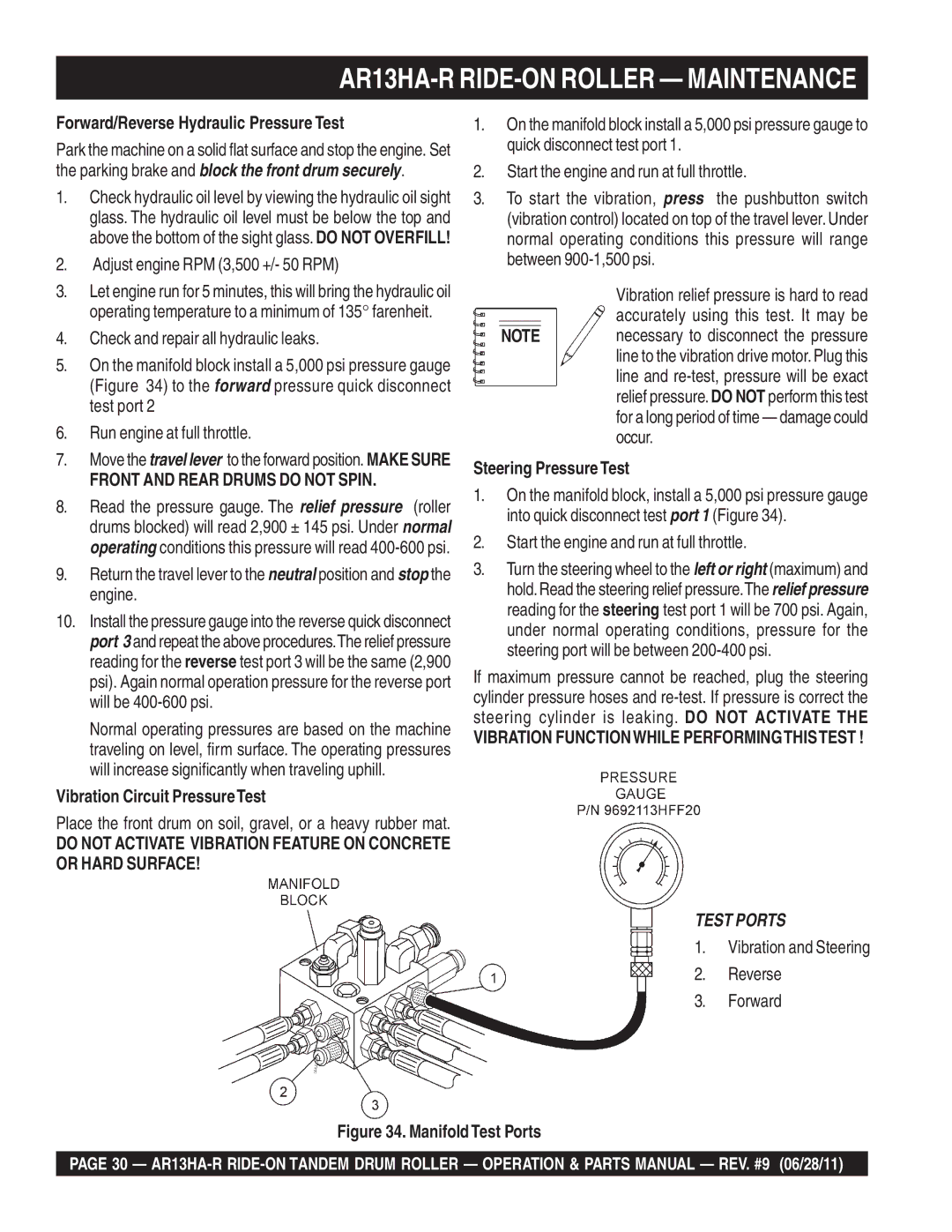 Multiquip AR13HAR manual Forward/Reverse Hydraulic Pressure Test, Vibration Circuit PressureTest, Steering Pressure Test 