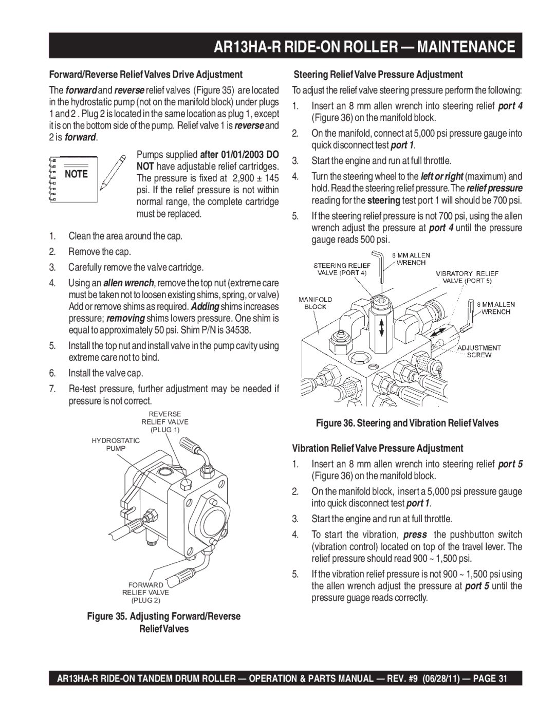 Multiquip AR13HAR manual Forward/Reverse Relief Valves Drive Adjustment 