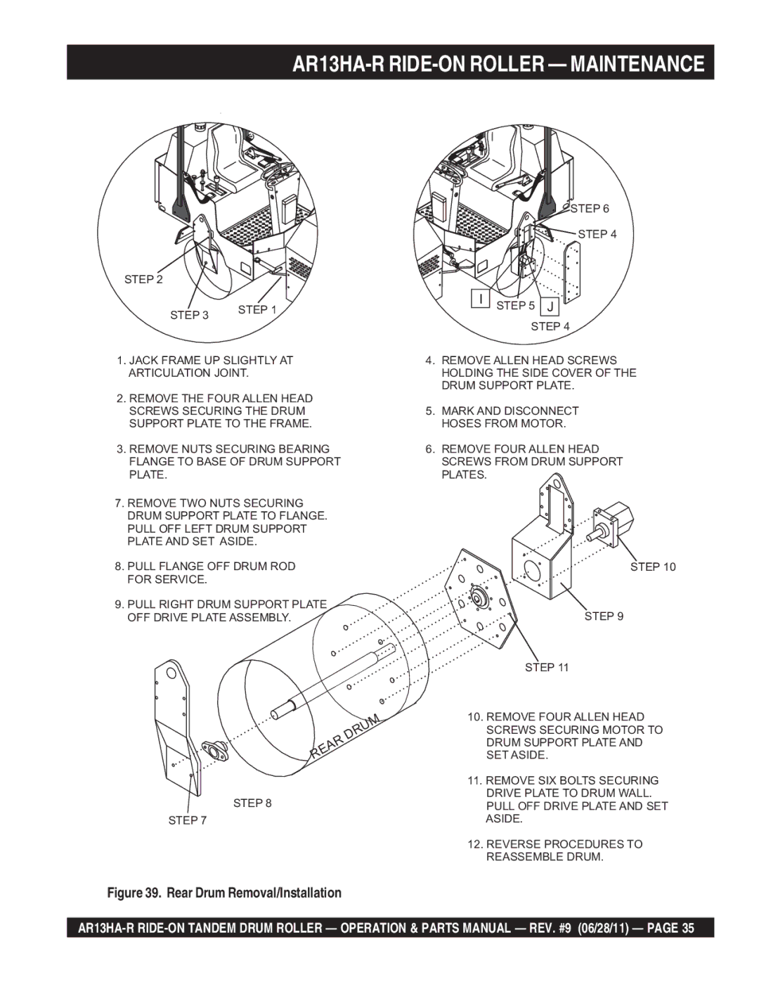 Multiquip AR13HAR manual Rear Drum Removal/Installation 