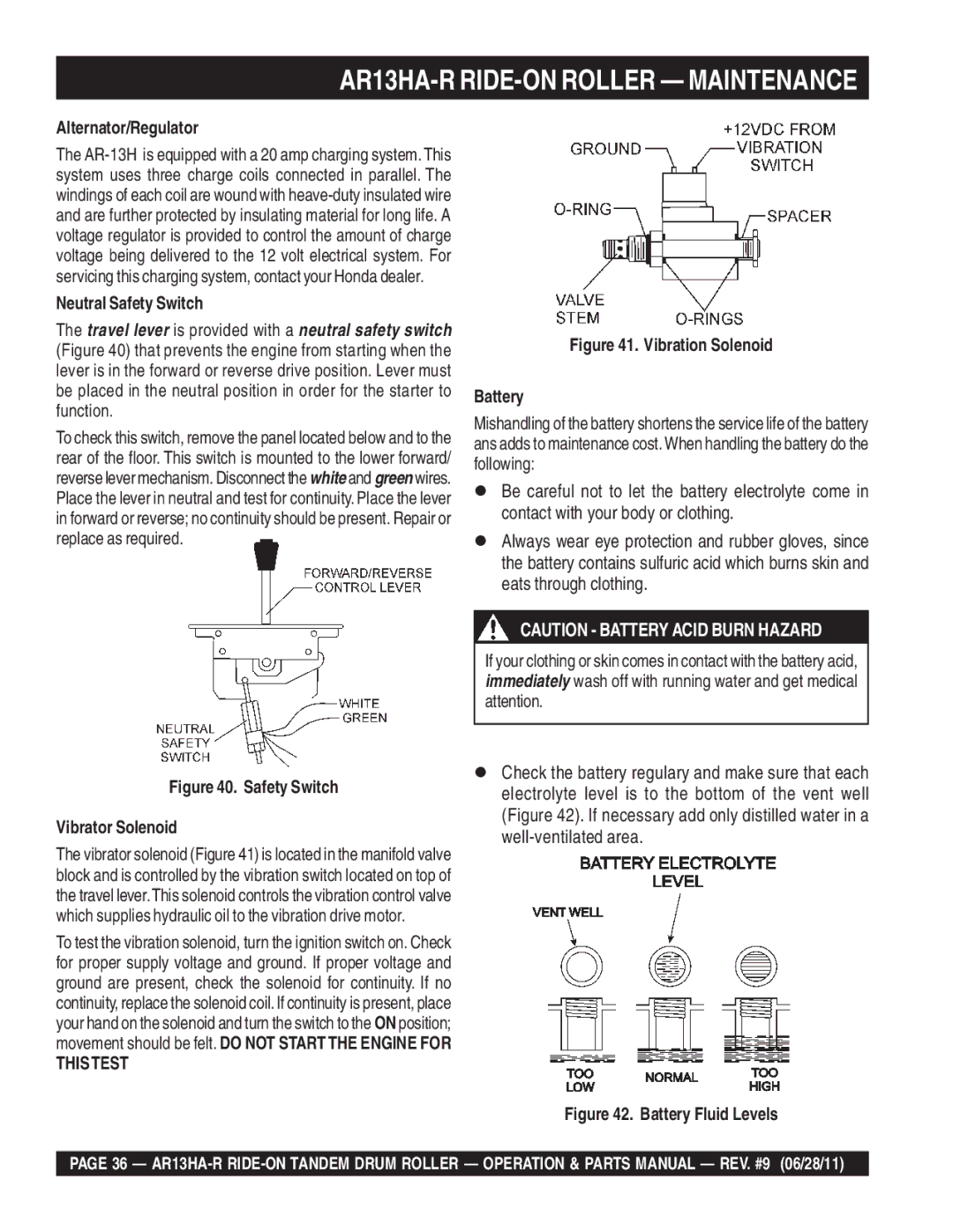 Multiquip AR13HAR manual Alternator/Regulator, Neutral Safety Switch 