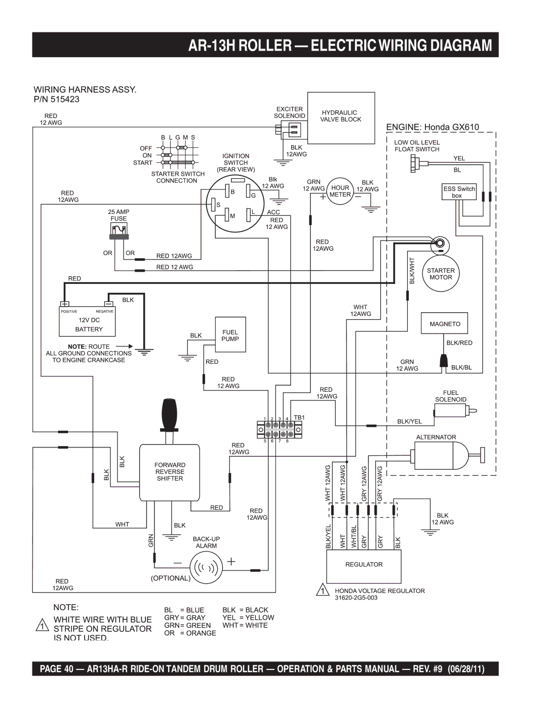 Multiquip AR13HAR manual AR-13H Roller Electricwiring Diagram 