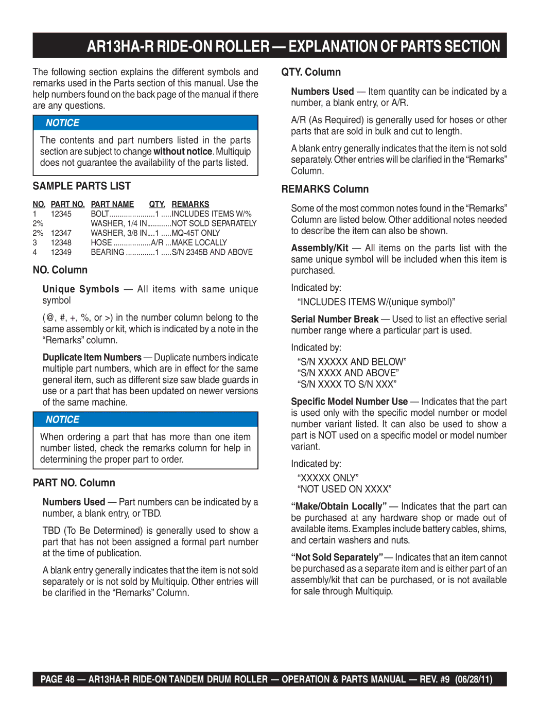 Multiquip AR13HAR manual AR13HA-R RIDE-ON Roller Explanation of Parts Section, QTY. Column 