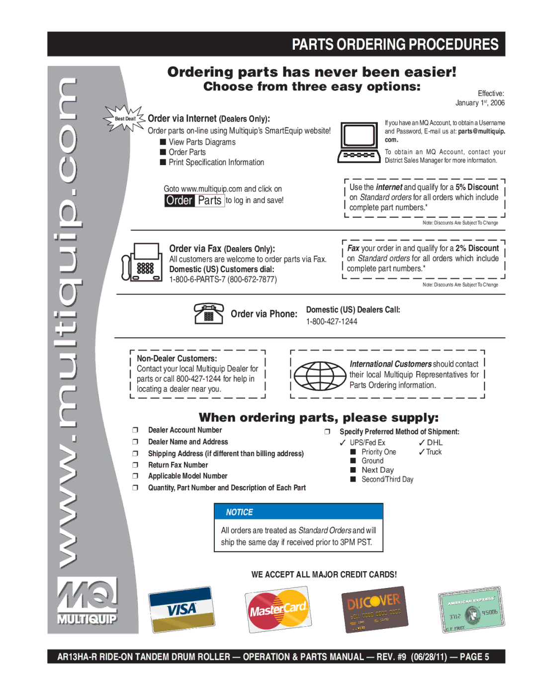 Multiquip AR13HAR manual Parts Ordering Procedures, Best Deal! Order via Internet Dealers Only, Order via Fax Dealers Only 