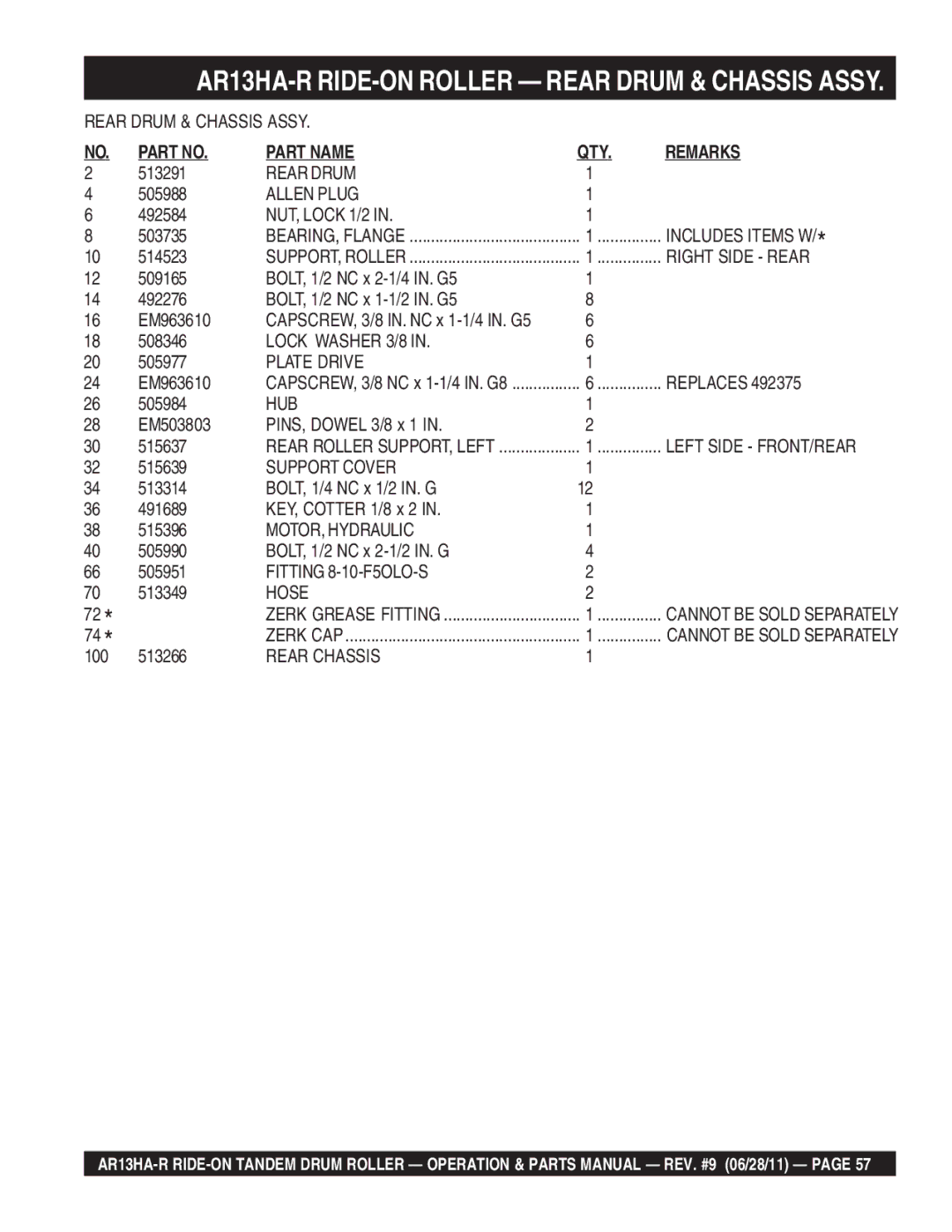 Multiquip AR13HAR manual AR13HA-R RIDE-ON Roller Rear Drum & Chassis Assy 