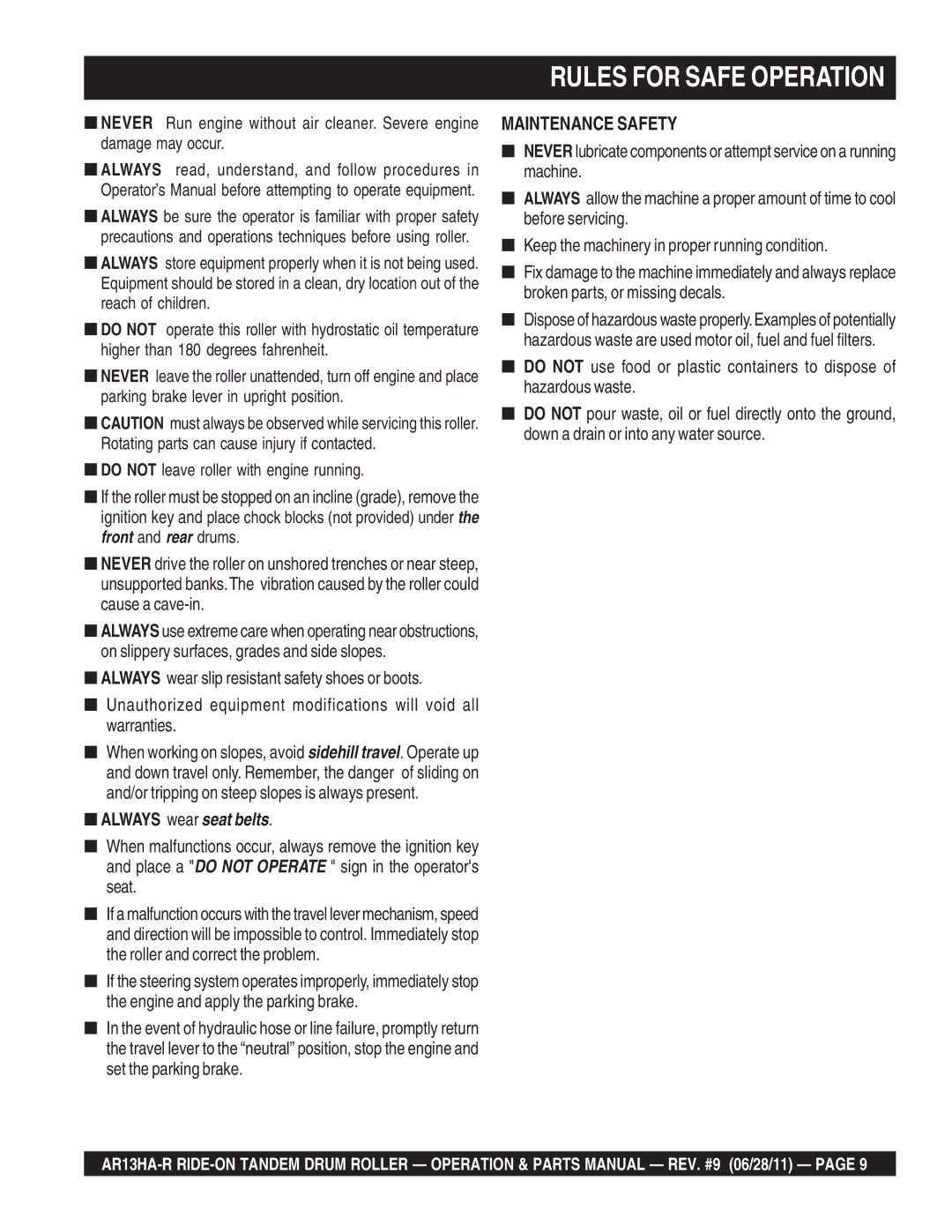 Multiquip AR13HAR manual Rules for Safe Operation 