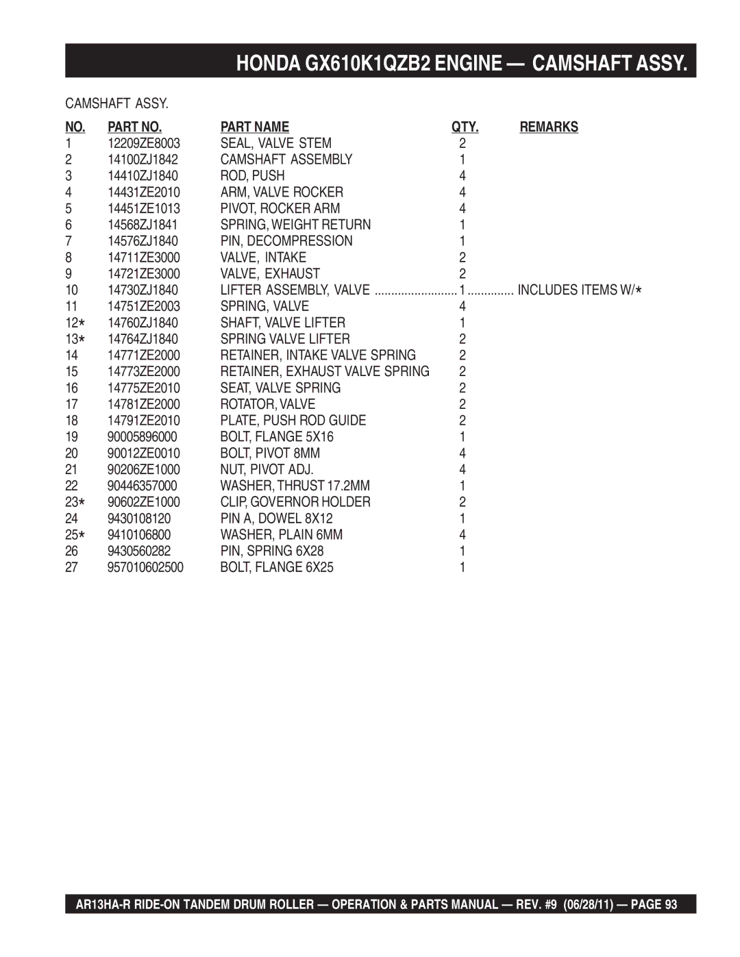 Multiquip AR13HAR SEAL, Valve Stem, Camshaft Assembly, ROD, Push, ARM, Valve Rocker, PIVOT, Rocker ARM, PIN, Decompression 