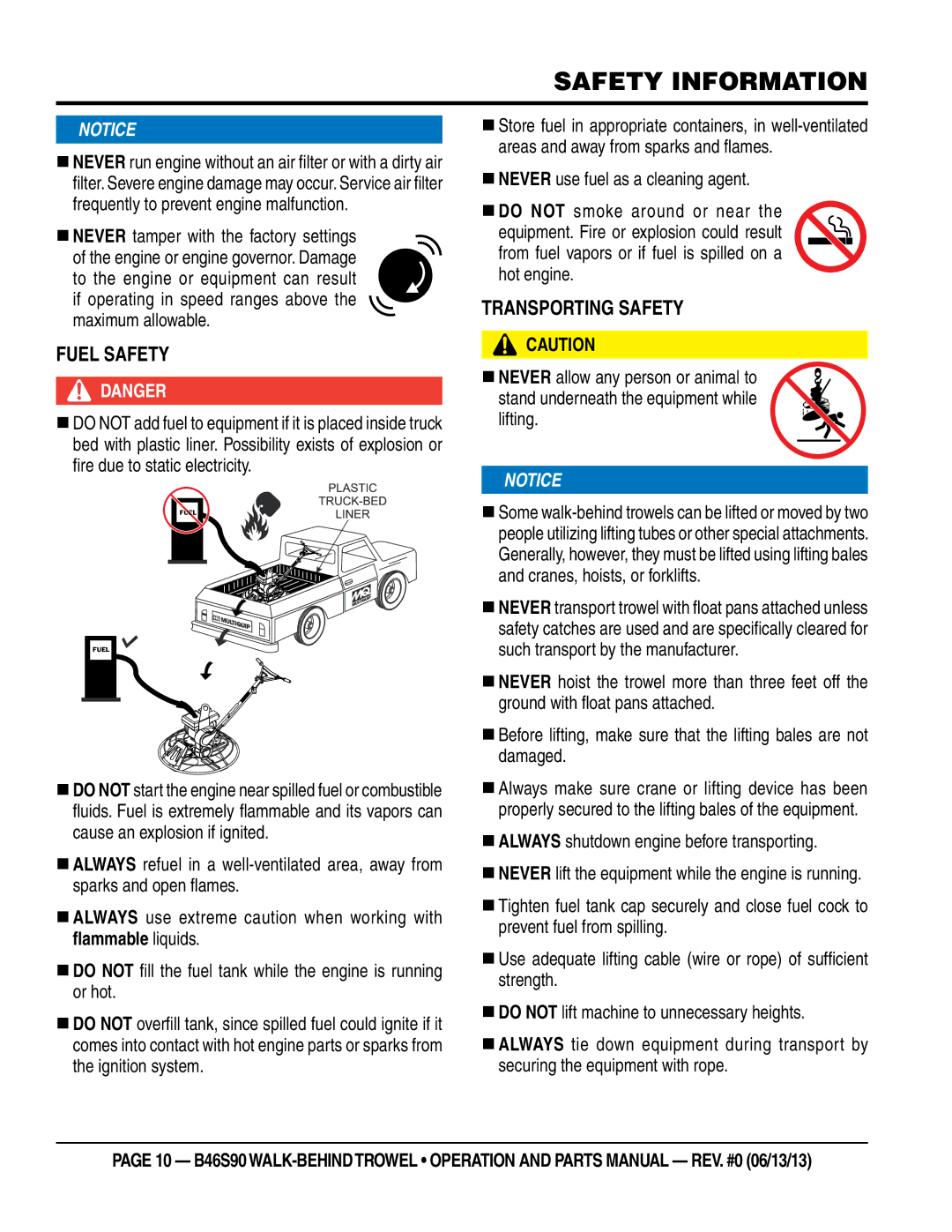 Multiquip b46s90 manual FUeL SaFeTy, TraNSpOrTiNg SafETy 