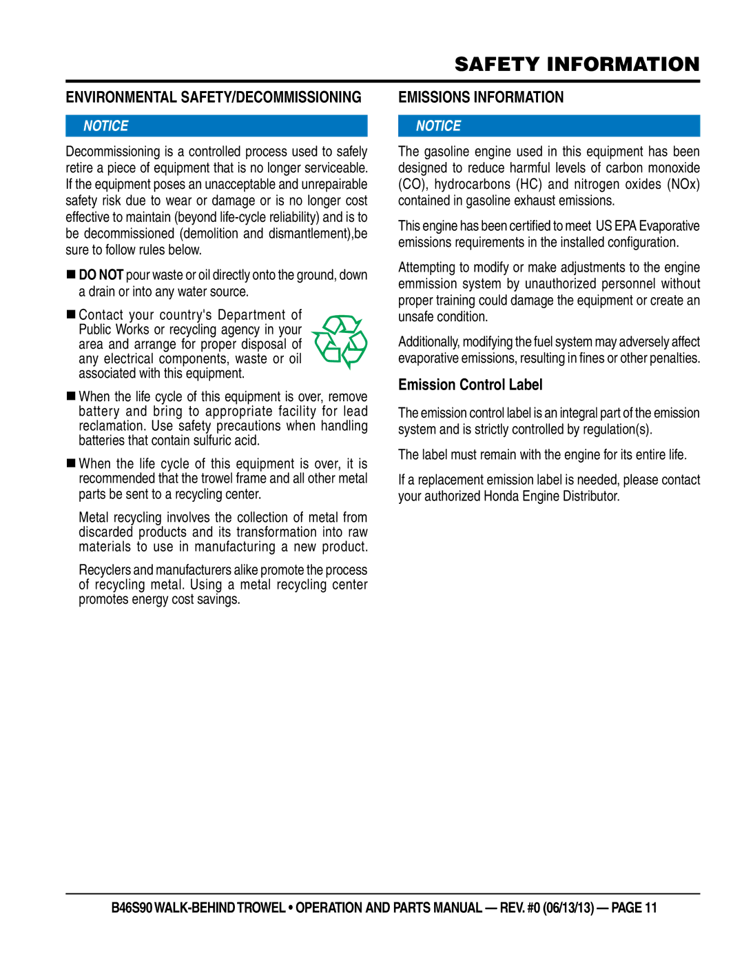 Multiquip b46s90 manual ENvIRONmeNTaL SaFeTy/DeCOmmISSIONINg, EmISSIONS INFORmaTION, Emission control label 